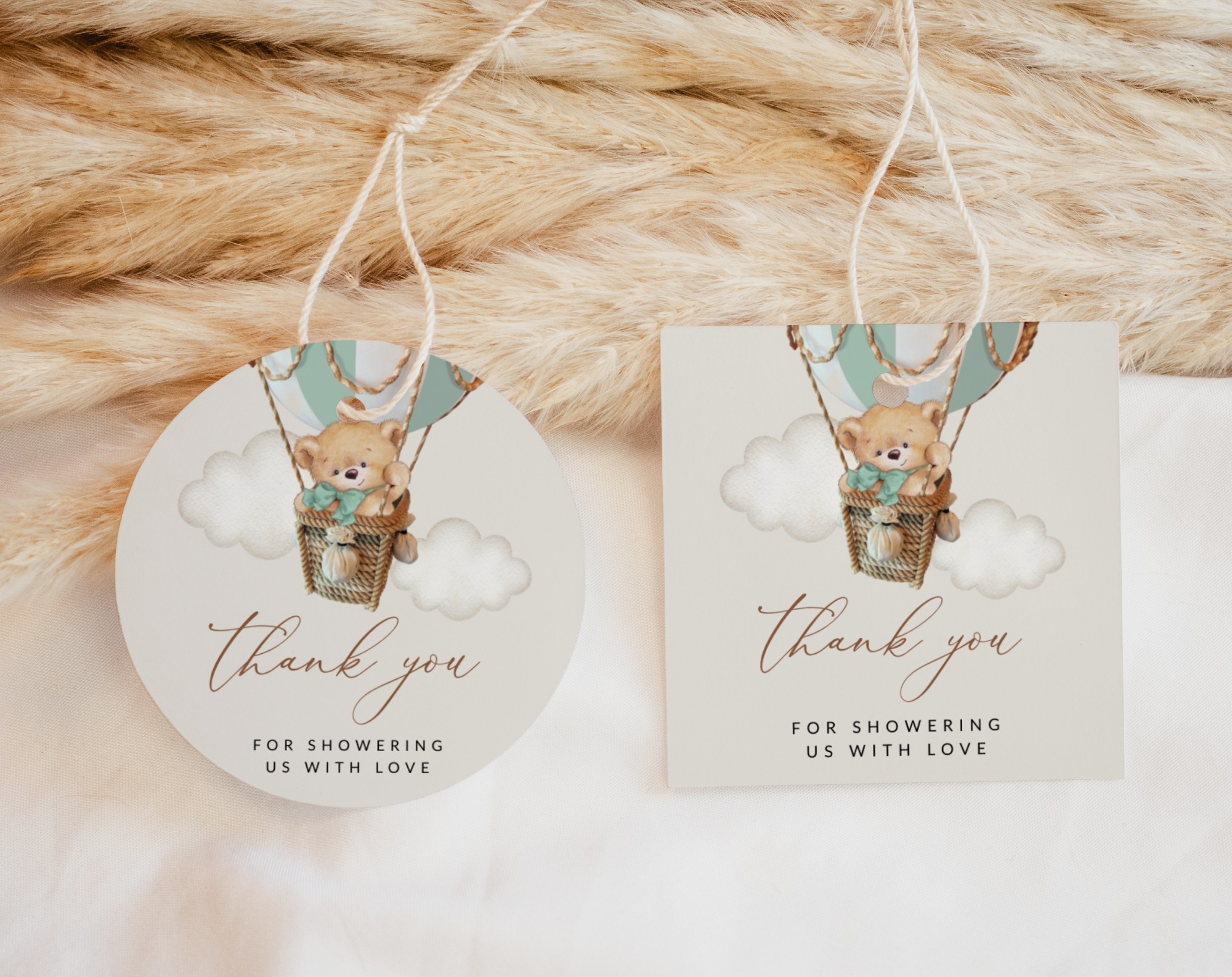 Bear in Green Balloon Favor Tags, Gift Tags, Gender Neutral Baby Shower, Printable File, Edit Yourself, SH57