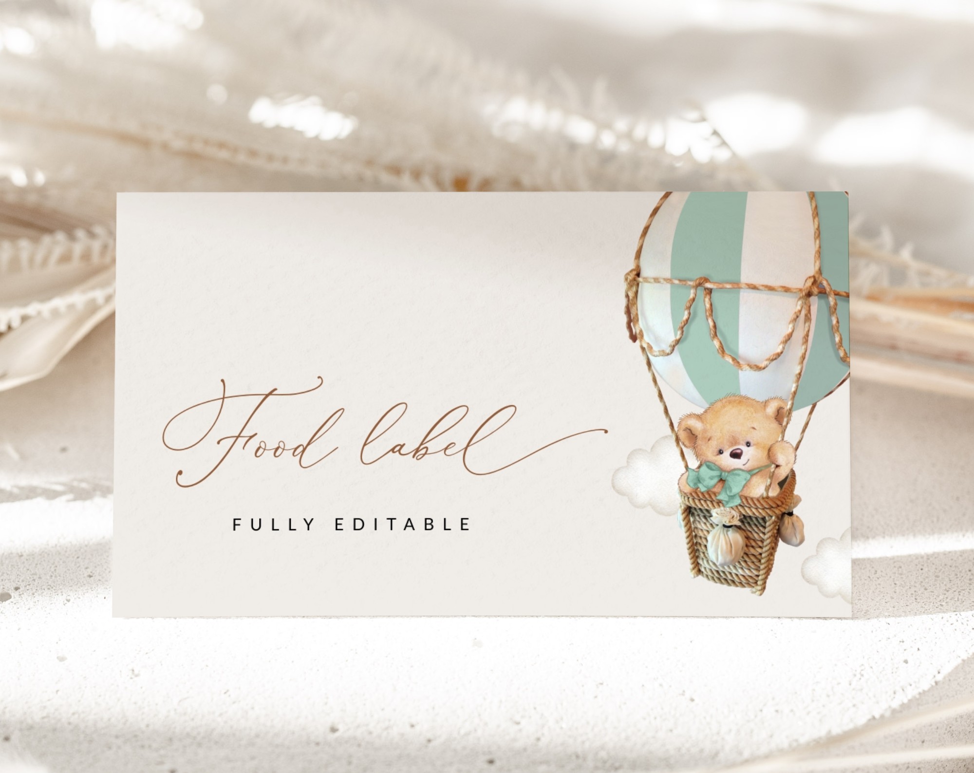 Bear in Green Balloon Food Label, Baby Shower Decoration, Gender Neutral Baby Shower, Printable File, Edit Yourself, SH57