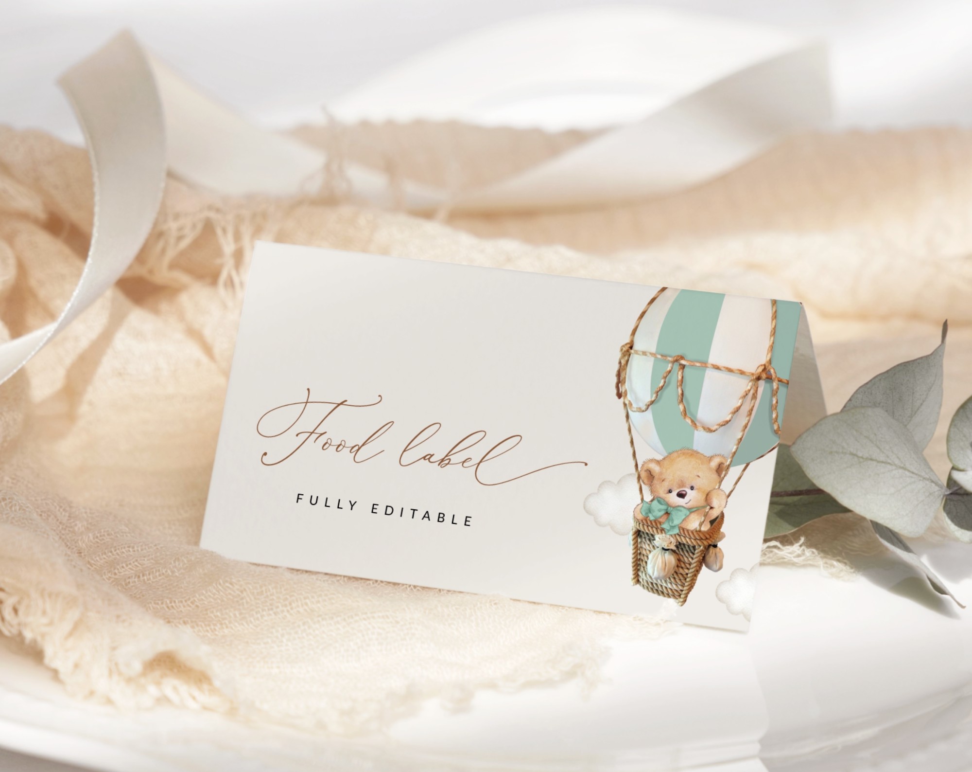 Bear in Green Balloon Food Label, Baby Shower Decoration, Gender Neutral Baby Shower, Printable File, Edit Yourself, SH57