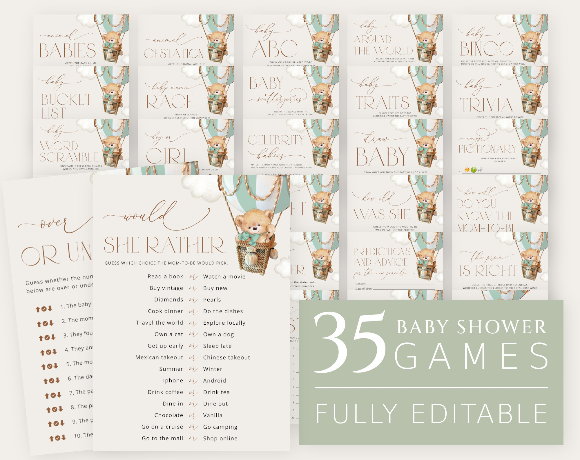 Bear in Green Balloon Baby Shower Games Bundle, Set of 35 Games, Gender Neutral Baby Shower, Printable File, Edit Yourself, SH57 Bear in Green Balloon Baby Shower Games Bundle, Set of 35 Games, Gender Neutral Baby Shower, Printable File, Edit Yourself, SH57