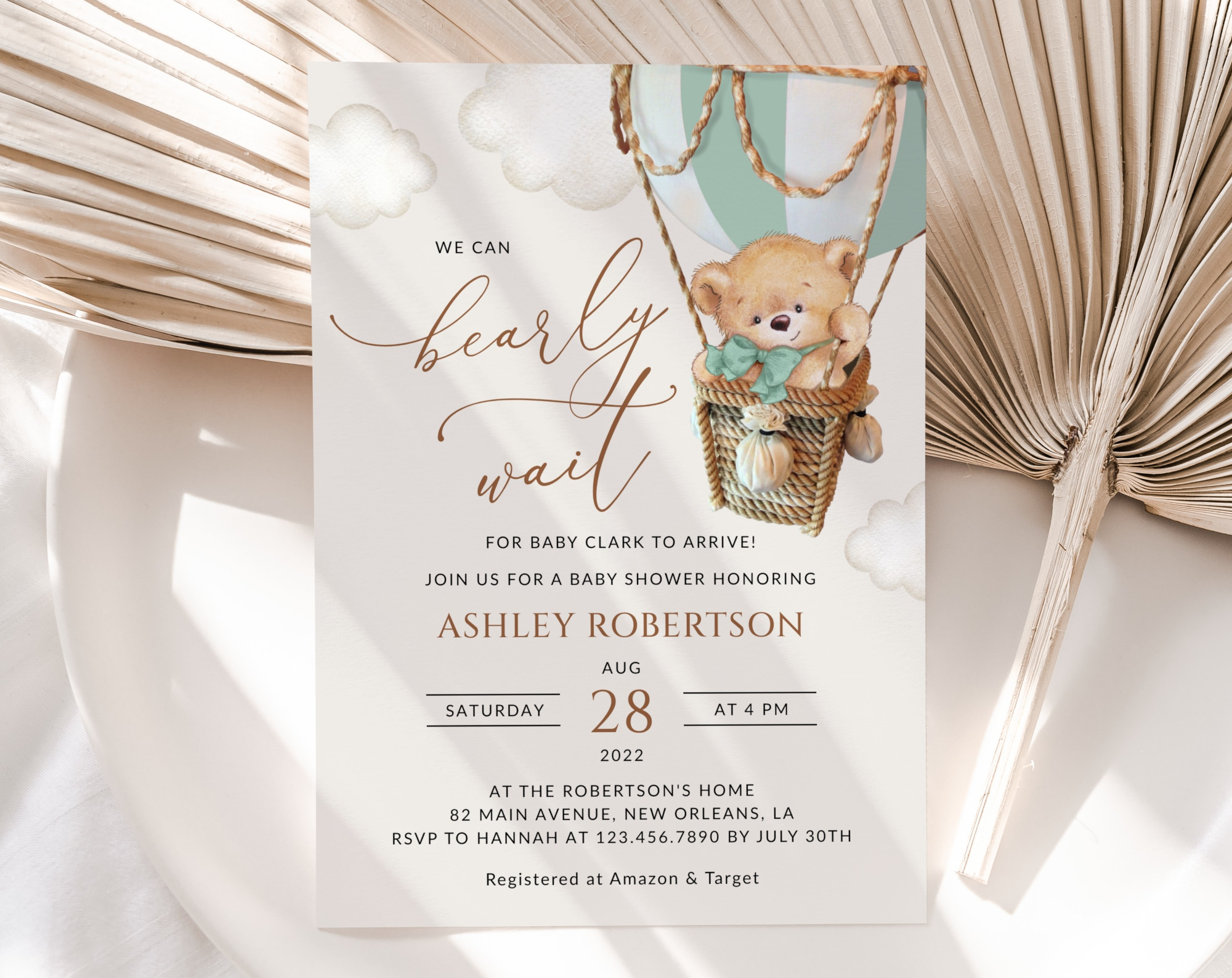 Bear in Green Balloon Baby Shower Invitation, Gender Neutral Baby Shower, Printable File, Edit Yourself, SH57 Bear in Green Balloon Baby Shower Invitation, Gender Neutral Baby Shower, Printable File, Edit Yourself, SH57