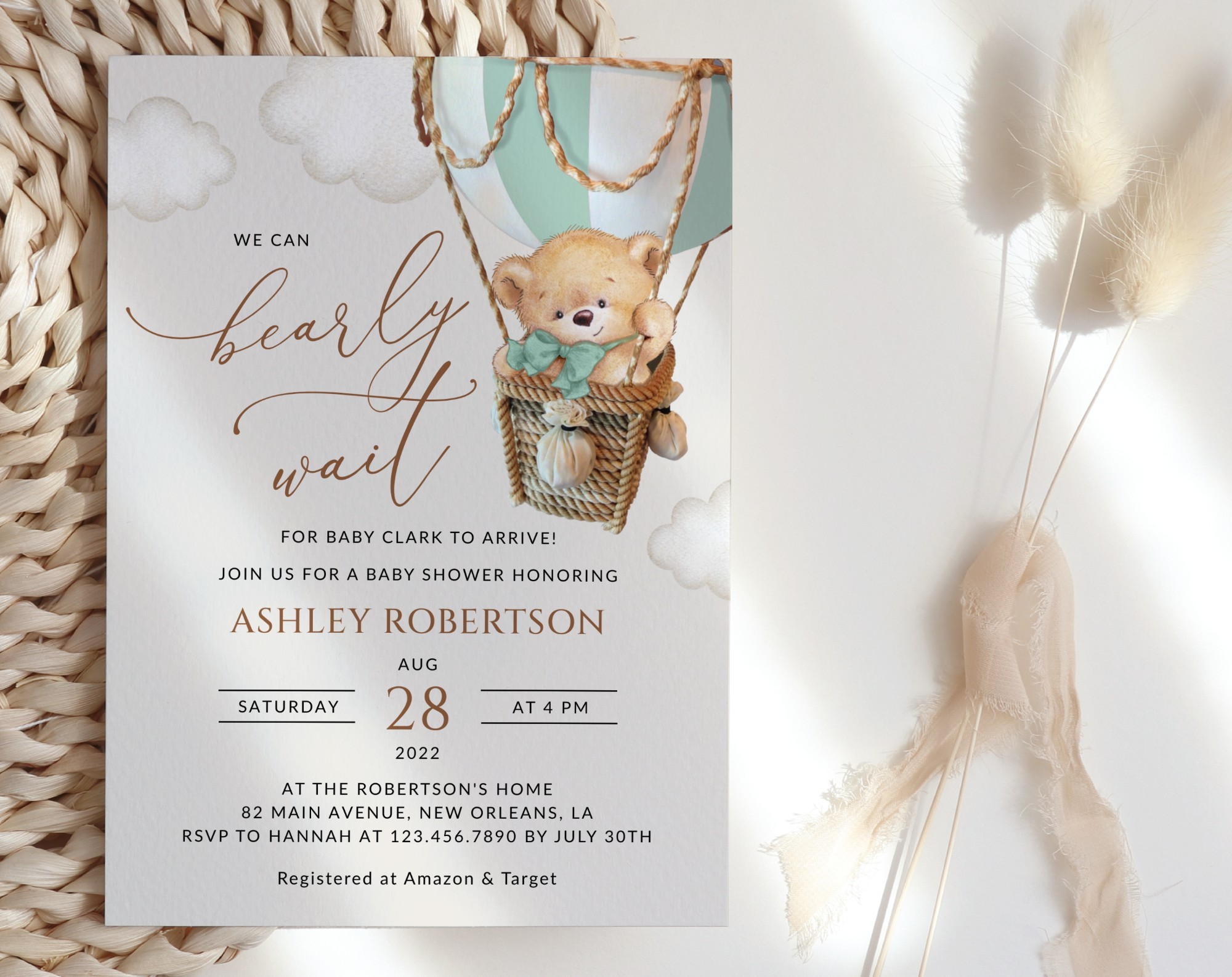 Bear in Green Balloon Baby Shower Invitation, Gender Neutral Baby Shower, Printable File, Edit Yourself, SH57 Bear in Green Balloon Baby Shower Invitation, Gender Neutral Baby Shower, Printable File, Edit Yourself, SH57