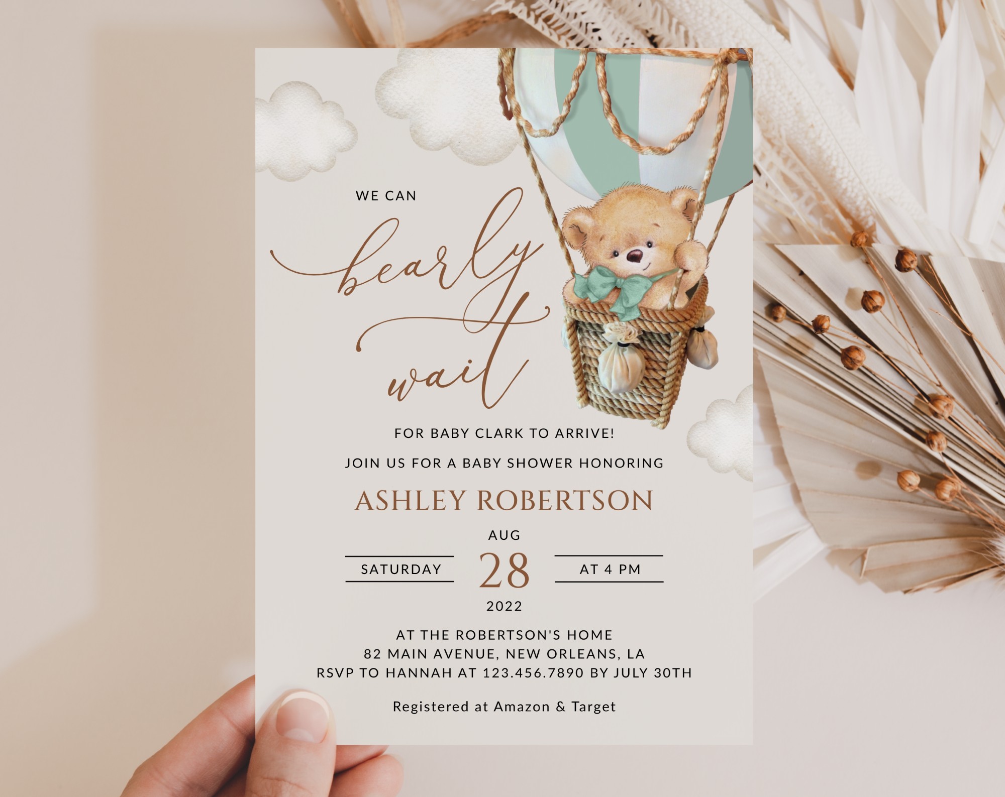 Bear in Green Balloon Baby Shower Invitation, Gender Neutral Baby Shower, Printable File, Edit Yourself, SH57 Bear in Green Balloon Baby Shower Invitation, Gender Neutral Baby Shower, Printable File, Edit Yourself, SH57