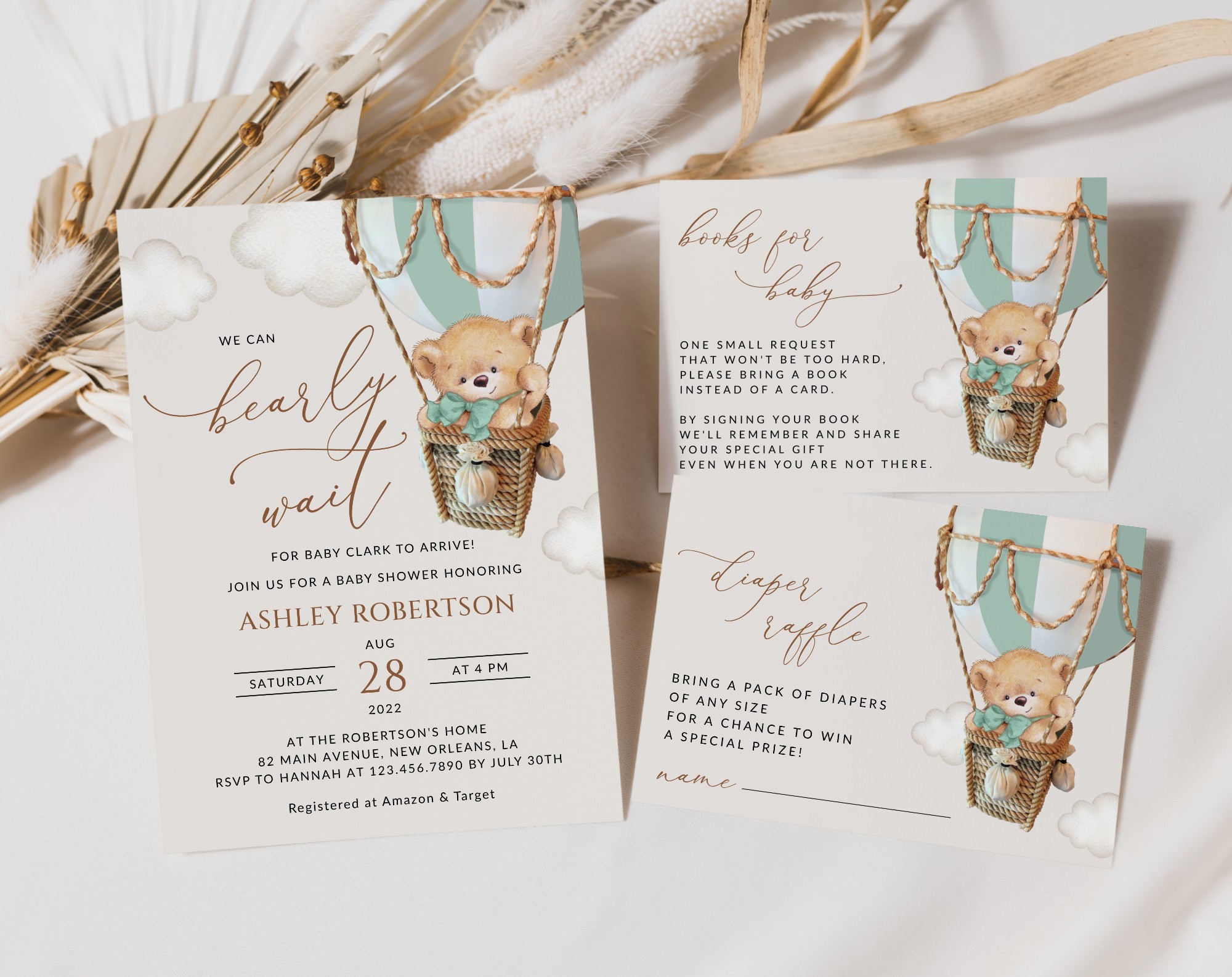 Bear in Green Balloon Baby Shower Invitation Suite, Gender Neutral Baby Shower, Printable File, Edit Yourself, SH57 Bear in Green Balloon Baby Shower Invitation Suite, Gender Neutral Baby Shower, Printable File, Edit Yourself, SH57