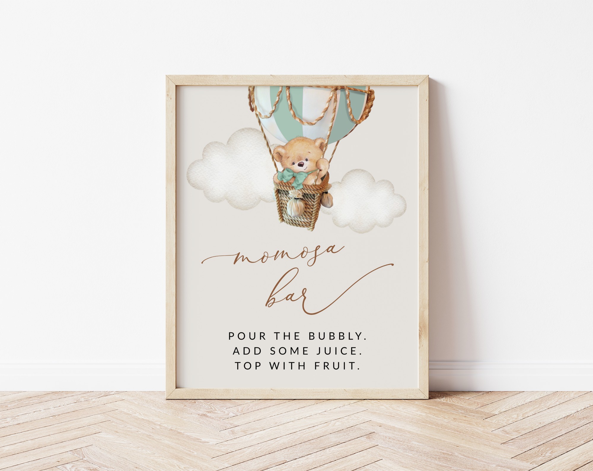 Bear in Green Balloon Momosa Bar Sign, Baby Shower Sign, Gender Neutral Baby Shower, Printable File, Edit Yourself, SH57