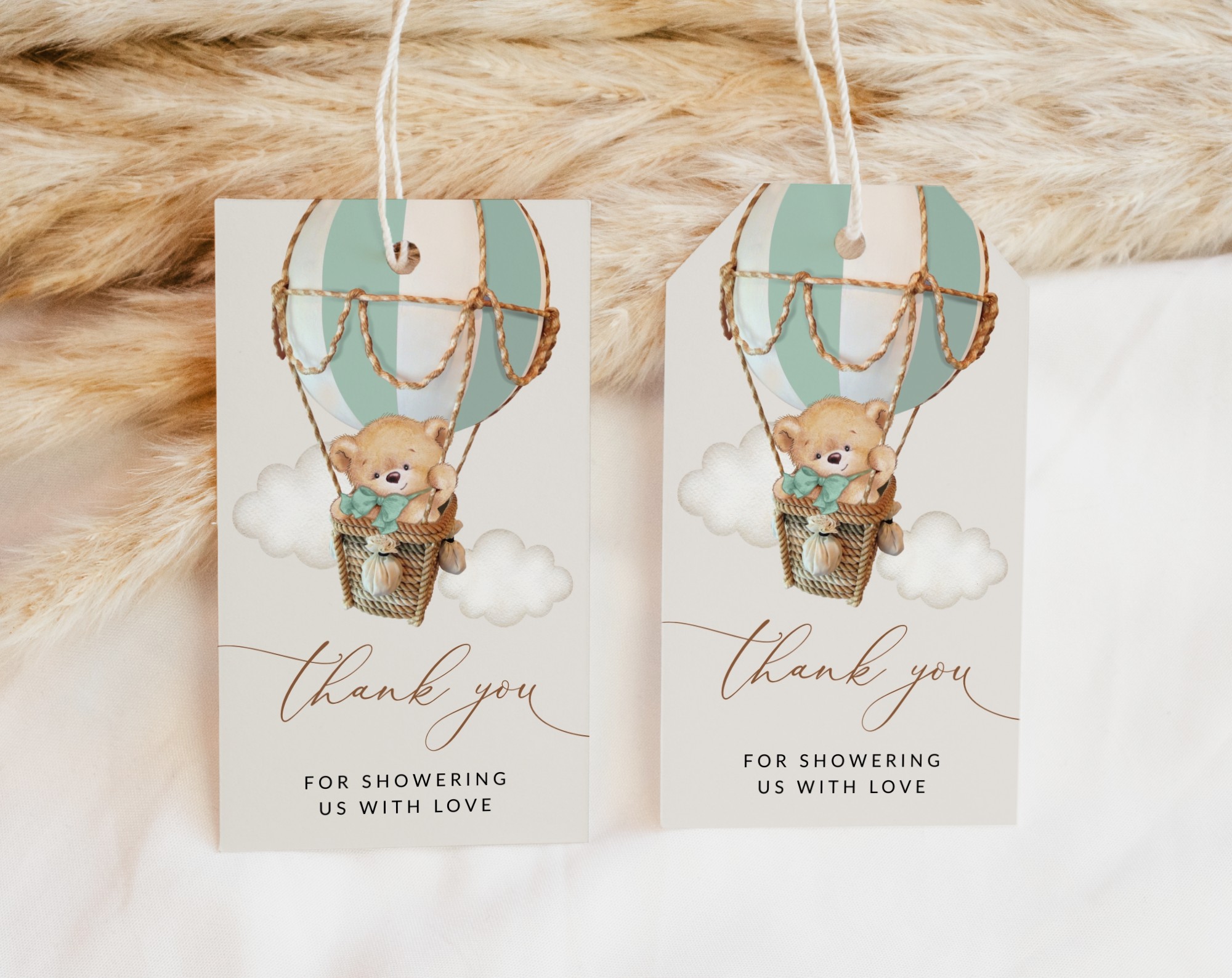 Bear in Green Balloon Favor Tags, Gift Tags, Gender Neutral Baby Shower, Printable File, Edit Yourself, SH57