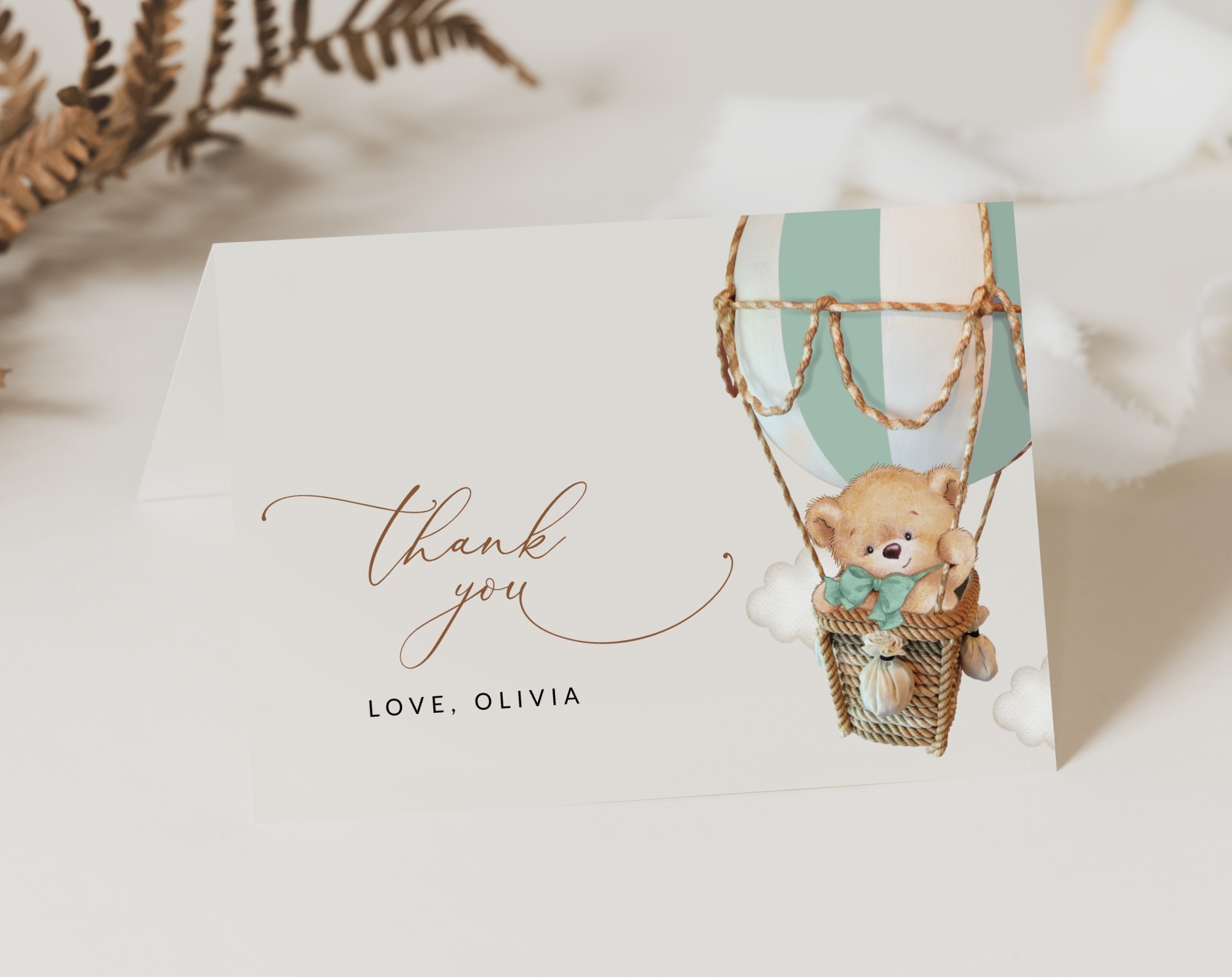 Bear in Green Balloon Thank You Card, Gender Neutral Baby Shower, Printable File, Edit Yourself, SH57 Bear in Green Balloon Thank You Card, Gender Neutral Baby Shower, Printable File, Edit Yourself, SH57