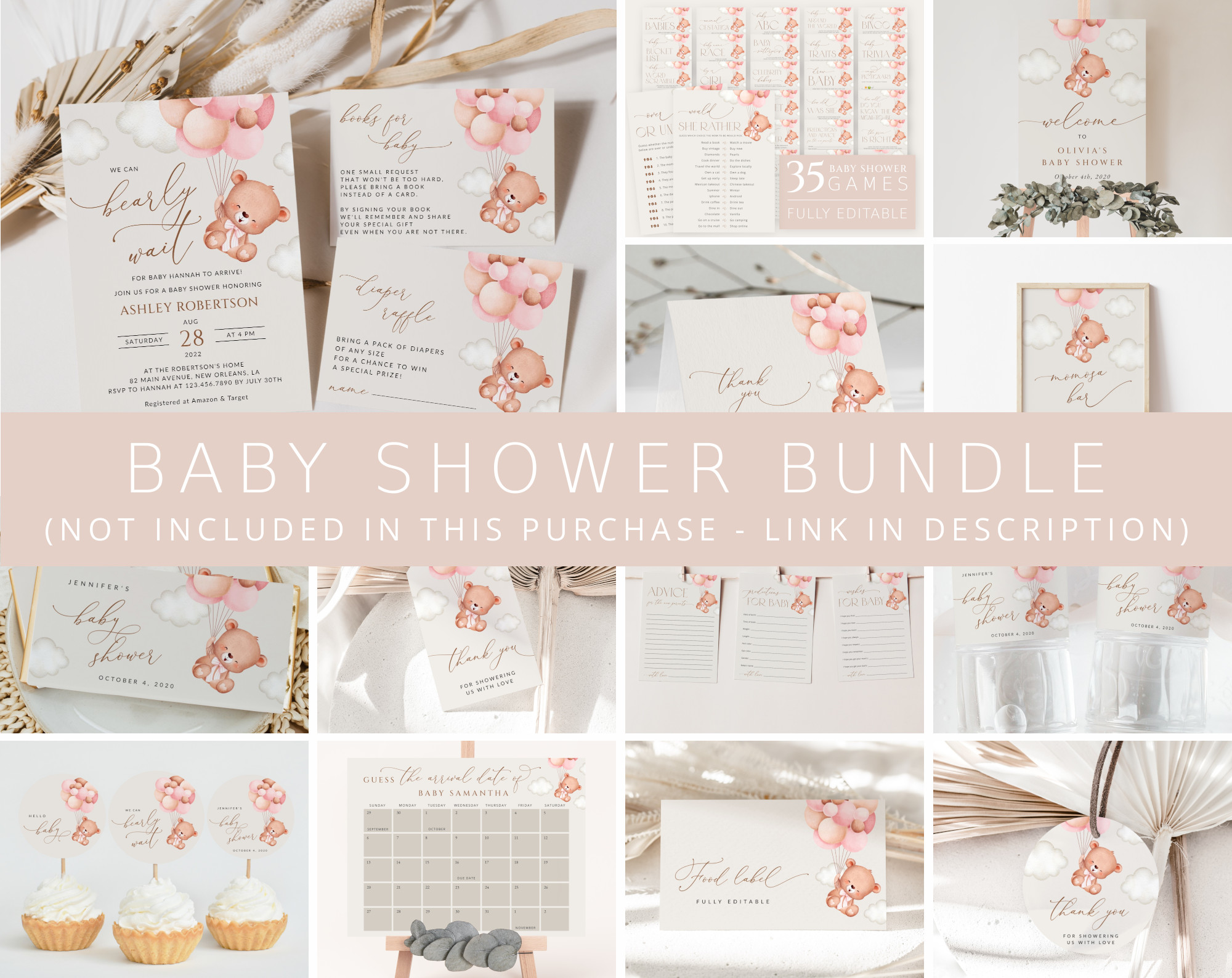 Baby Bear with Pink Balloons Baby Shower Bundle, Girl Baby Shower, Printable File, Edit Yourself, SH58