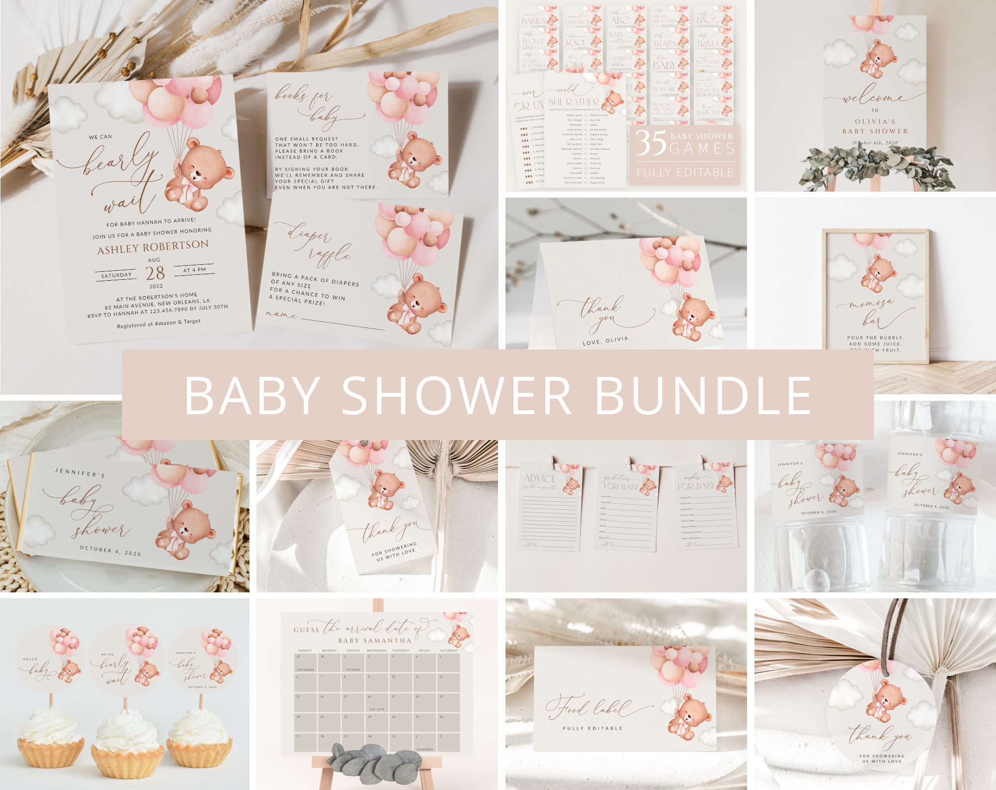 Baby Bear with Pink Balloons Baby Shower Bundle, Girl Baby Shower, Printable File, Edit Yourself, SH58 Baby Bear with Pink Balloons Baby Shower Bundle, Girl Baby Shower, Printable File, Edit Yourself, SH58