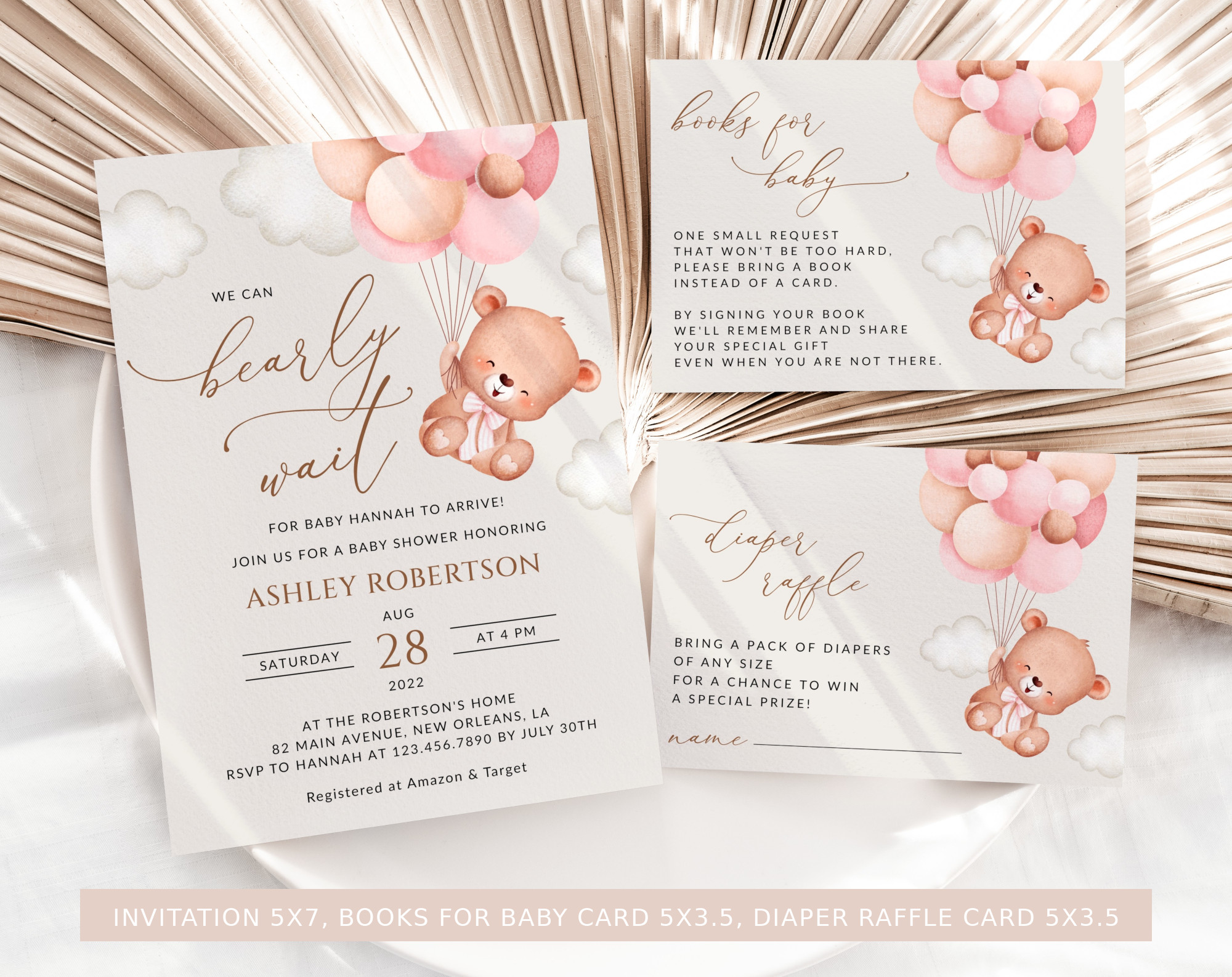 Baby Bear with Pink Balloons Baby Shower Bundle, Girl Baby Shower, Printable File, Edit Yourself, SH58