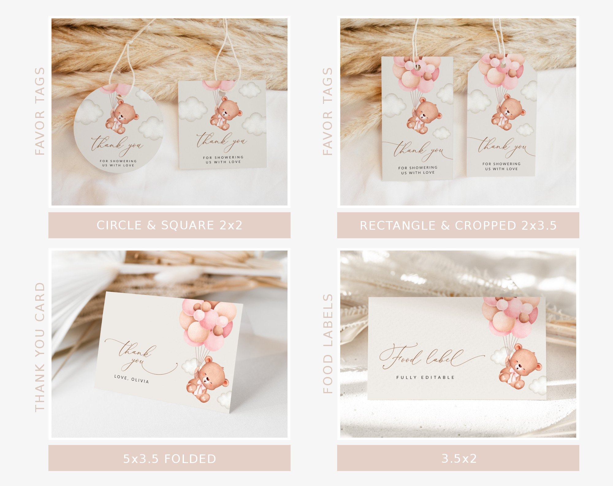 Baby Bear with Pink Balloons Baby Shower Bundle, Girl Baby Shower, Printable File, Edit Yourself, SH58