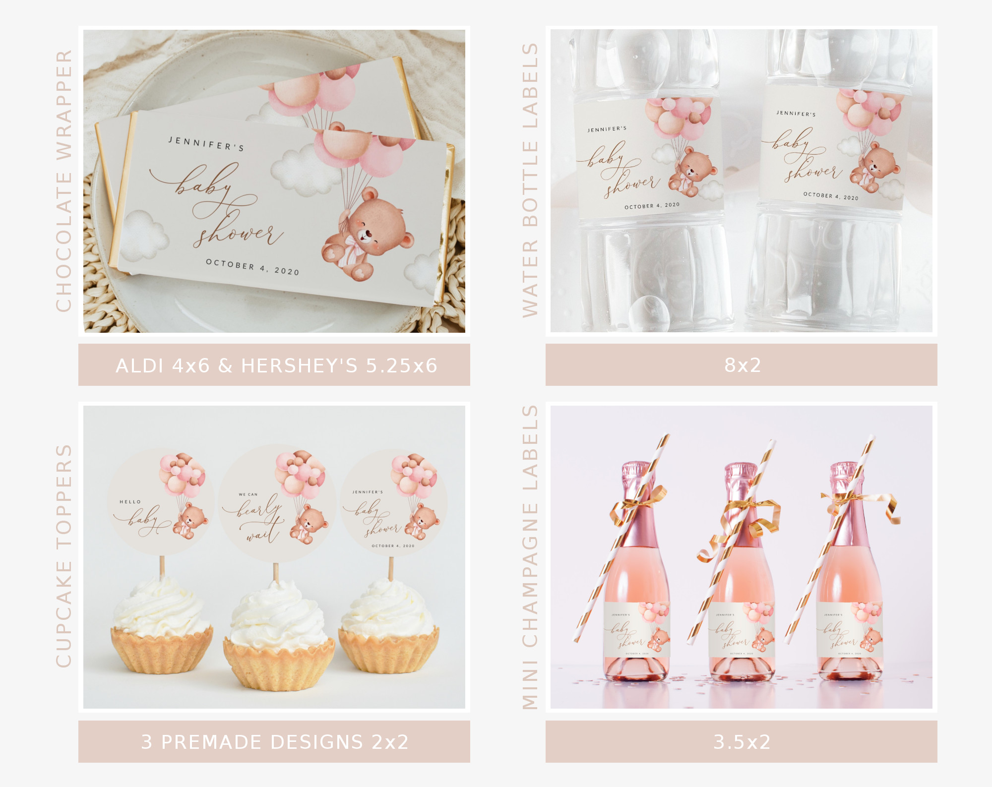 Baby Bear with Pink Balloons Baby Shower Bundle, Girl Baby Shower, Printable File, Edit Yourself, SH58