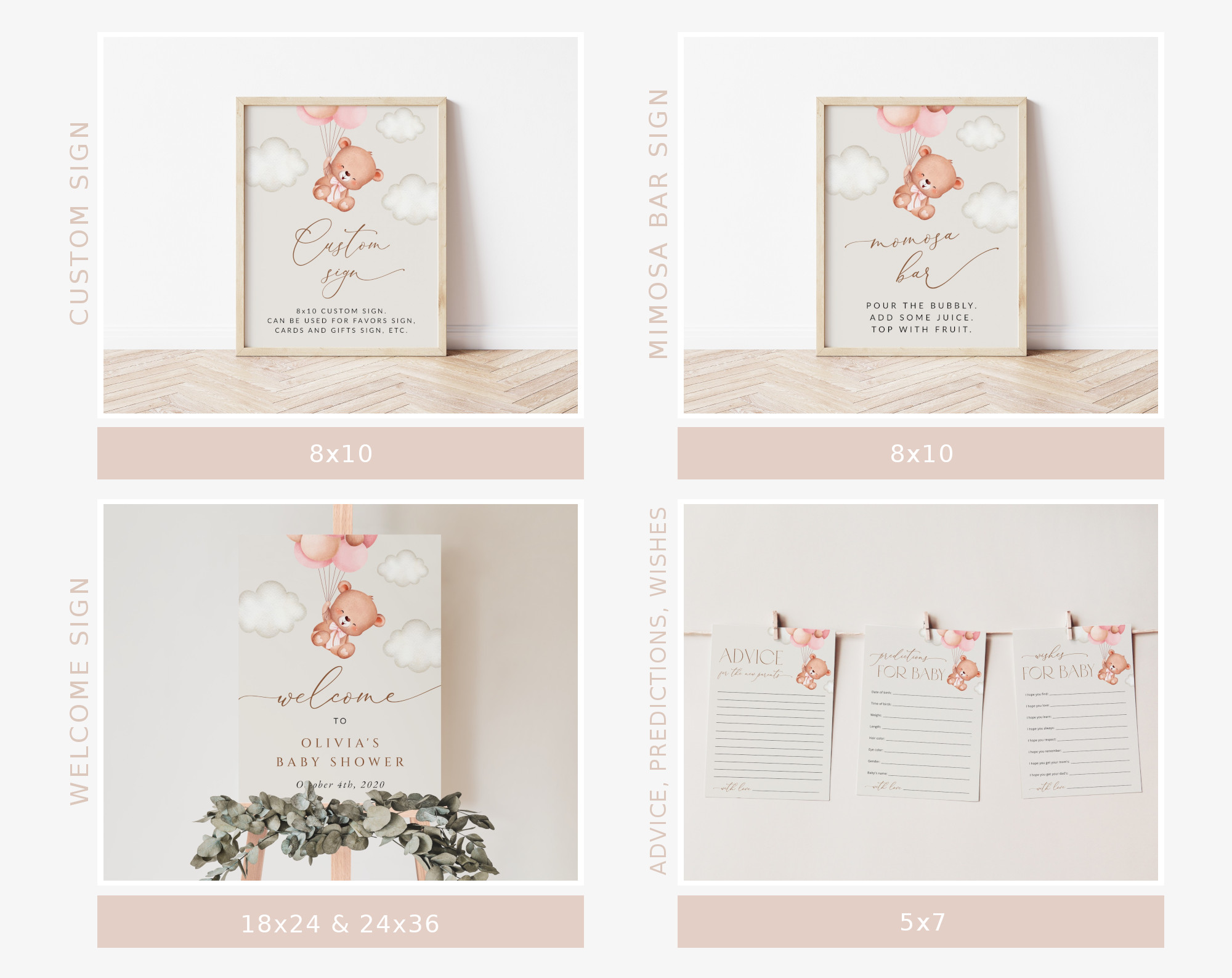 Baby Bear with Pink Balloons Baby Shower Bundle, Girl Baby Shower, Printable File, Edit Yourself, SH58