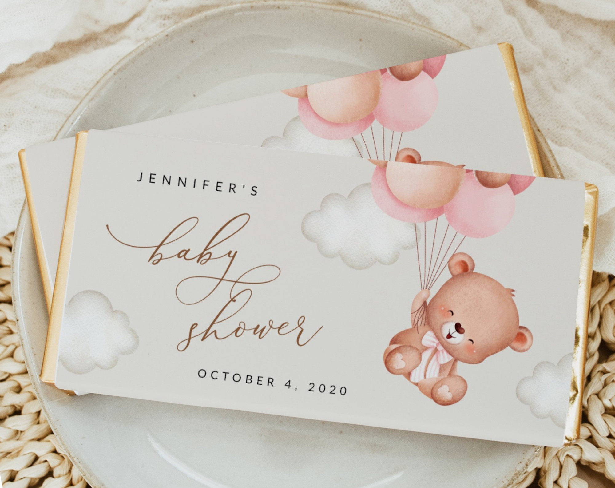 Baby Bear with Pink Balloons Chocolate Bar Wrapper, Candy Bar Wrapper, Girl Baby Shower, Printable File, Edit Yourself, SH58