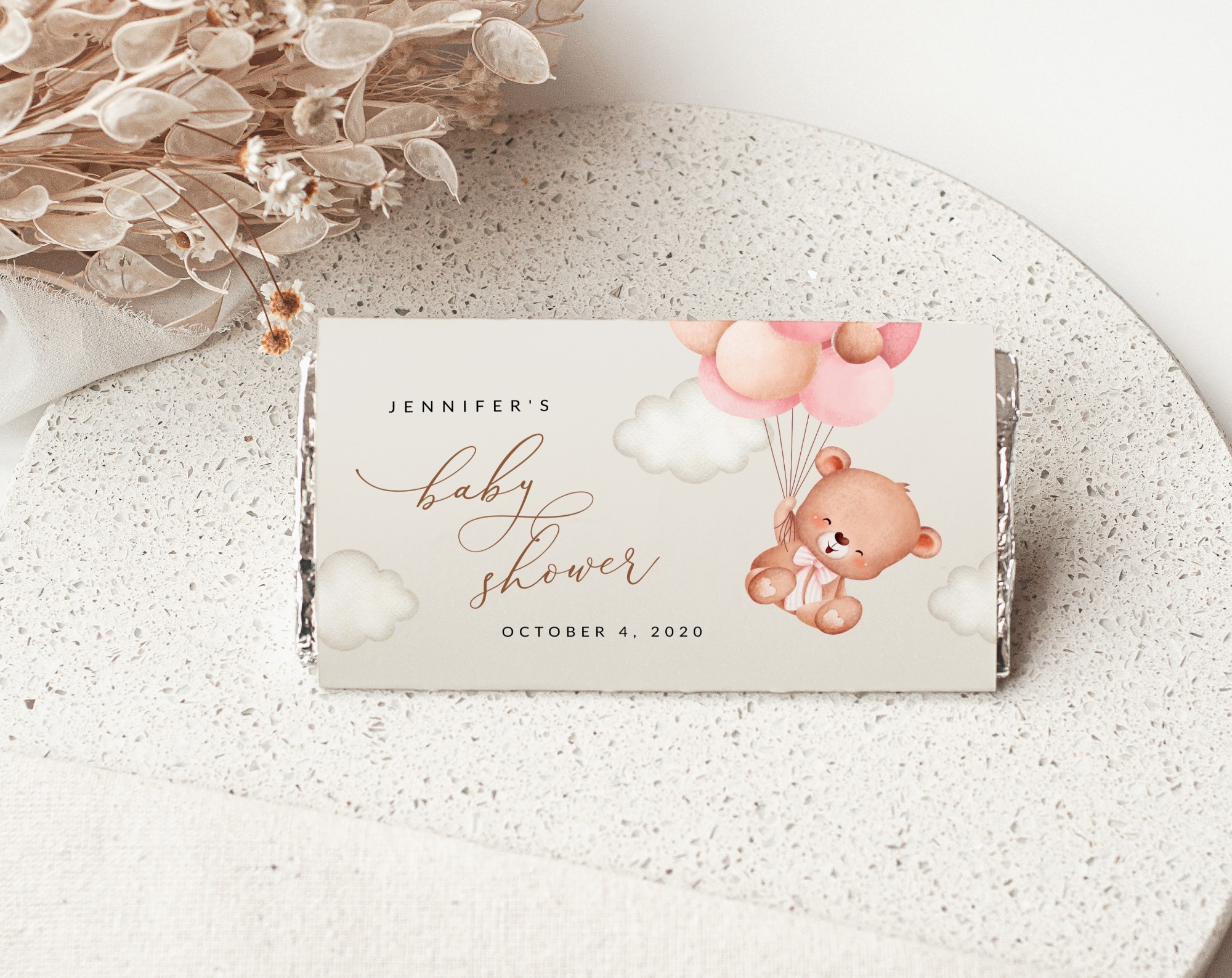 Baby Bear with Pink Balloons Chocolate Bar Wrapper, Candy Bar Wrapper, Girl Baby Shower, Printable File, Edit Yourself, SH58