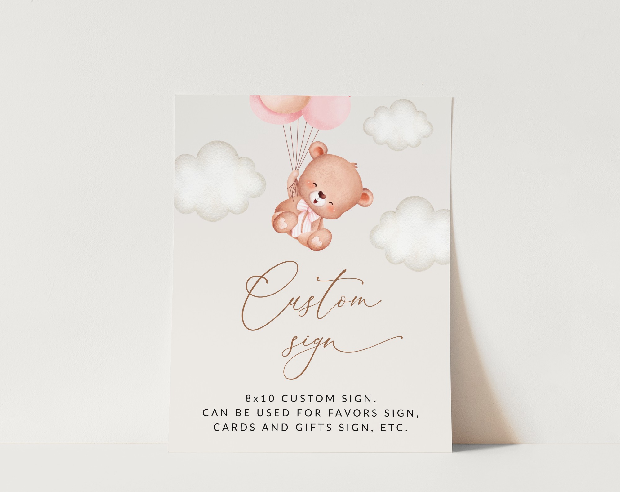 Baby Bear with Pink Balloons Custom Sign, Baby Shower Sign, Girl Baby Shower, Printable File, Edit Yourself, SH58