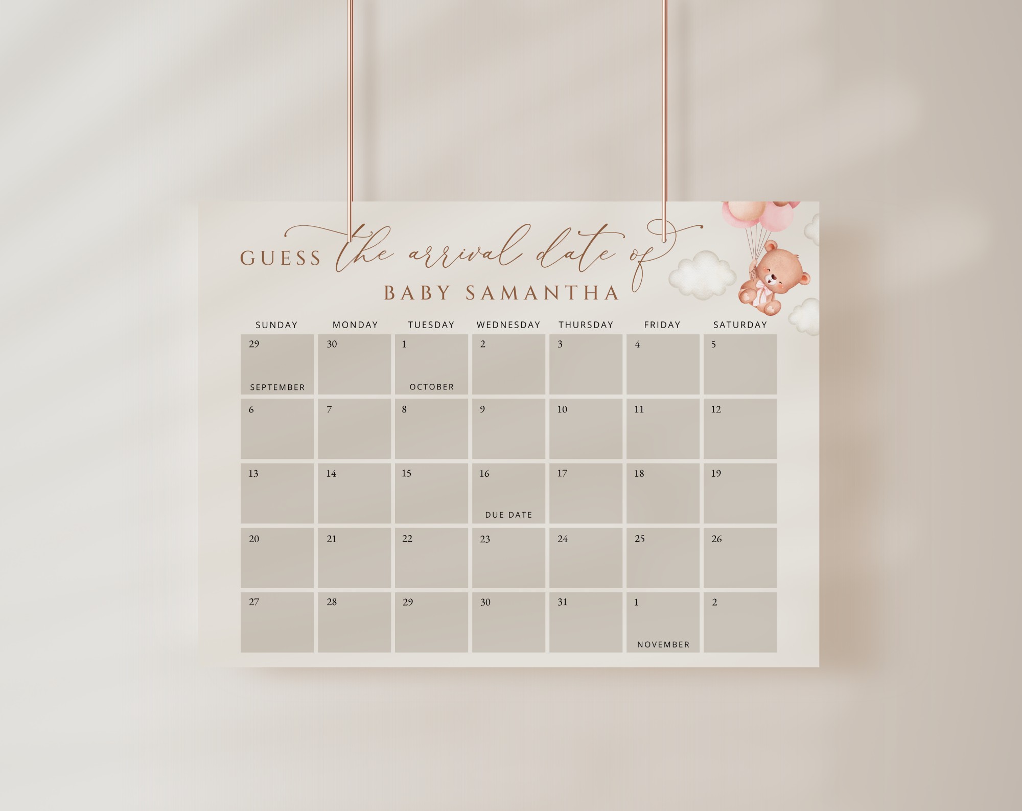 Baby Bear with Pink Balloons Guess the Due Date, Baby Shower Game, Girl Baby Shower, Printable File, Edit Yourself, SH58 Baby Bear with Pink Balloons Guess the Due Date, Baby Shower Game, Girl Baby Shower, Printable File, Edit Yourself, SH58