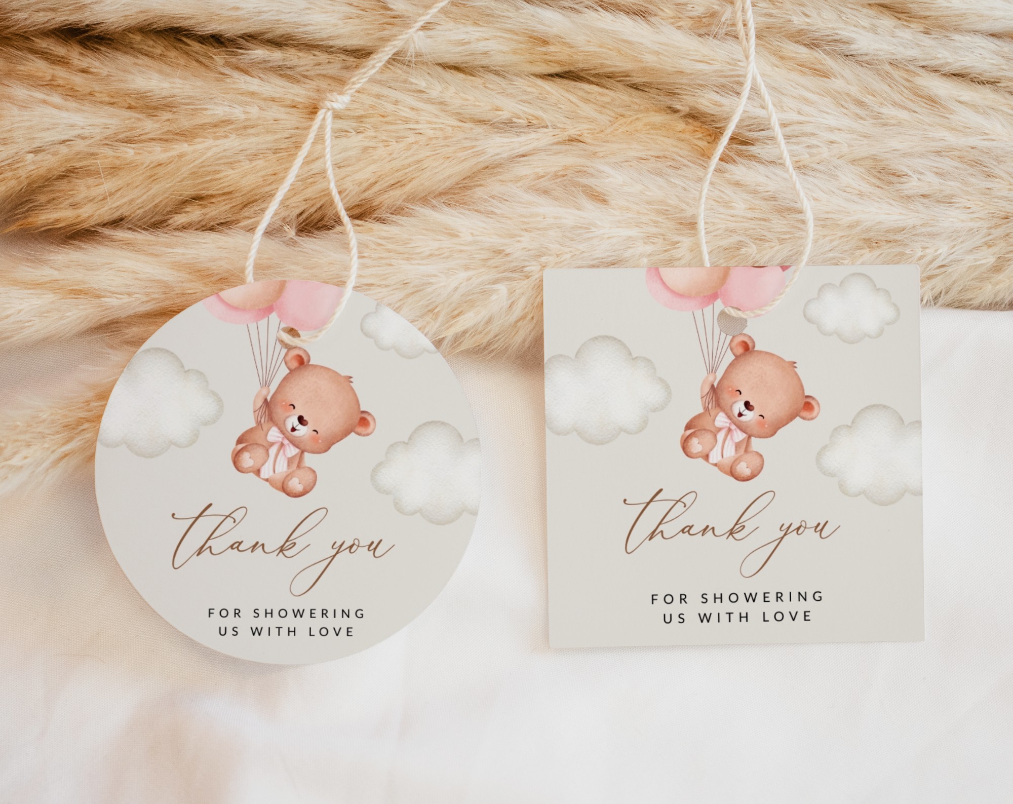 Baby Bear with Pink Balloons Favor Tags, Gift Tags, Party Tags, Girl Baby Shower, Printable File, Edit Yourself, SH58