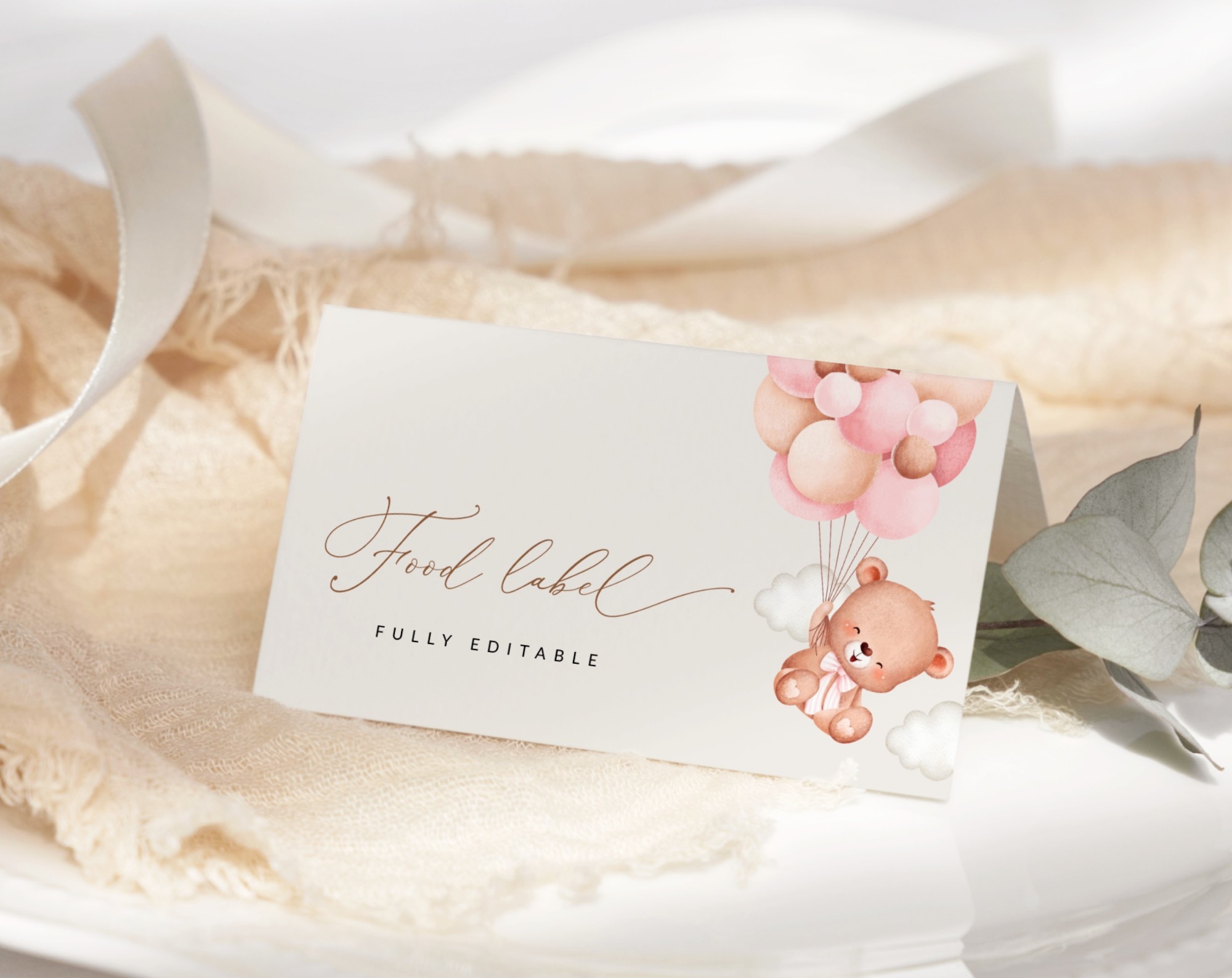 Baby Bear with Pink Balloons Food Label, Baby Shower Decoration, Girl Baby Shower, Printable File, Edit Yourself, SH58