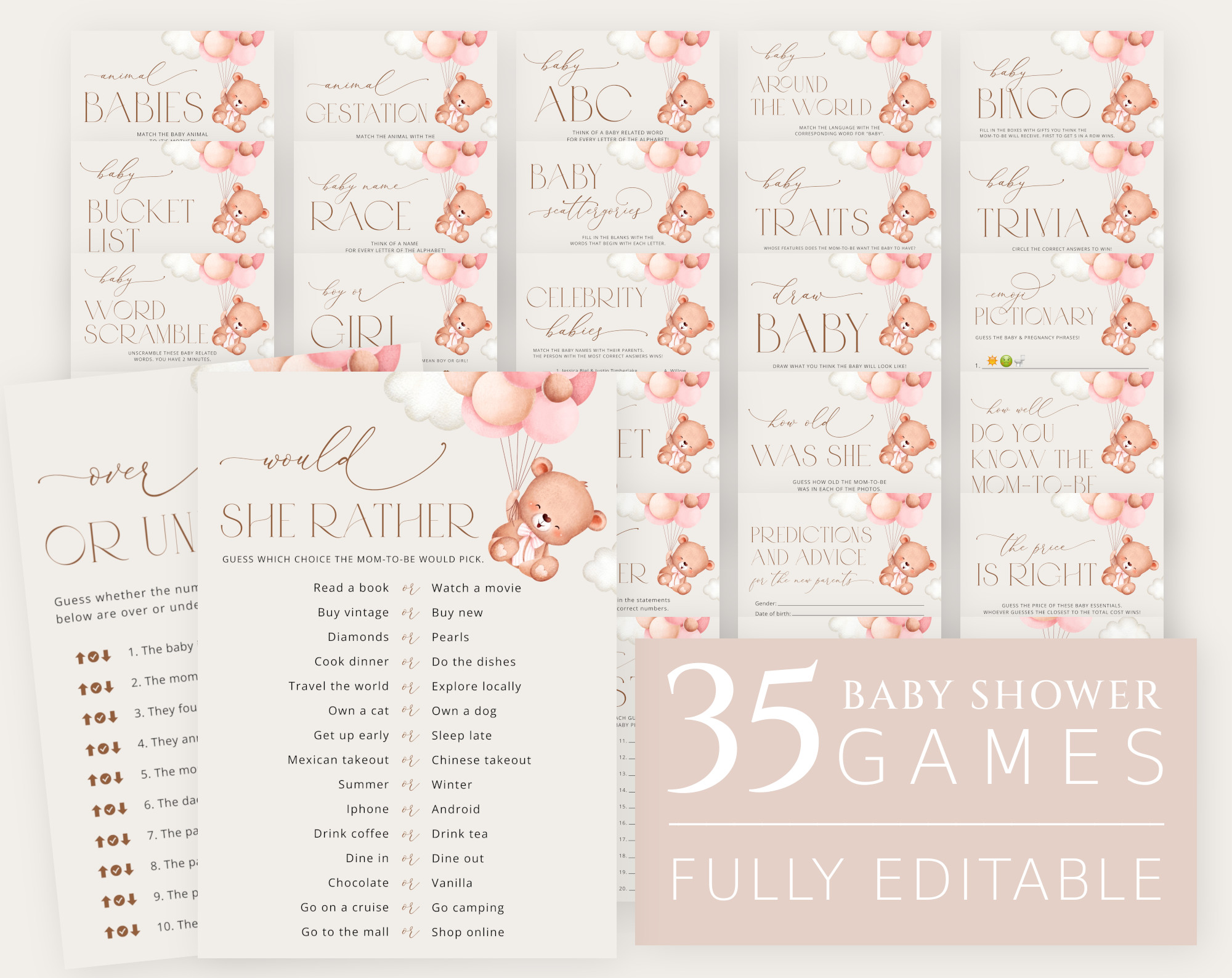 Baby Bear with Pink Balloons Baby Shower Games Bundle, Set of 35 Games, Girl Baby Shower, Printable File, Edit Yourself, SH58 Baby Bear with Pink Balloons Baby Shower Games Bundle, Set of 35 Games, Girl Baby Shower, Printable File, Edit Yourself, SH58