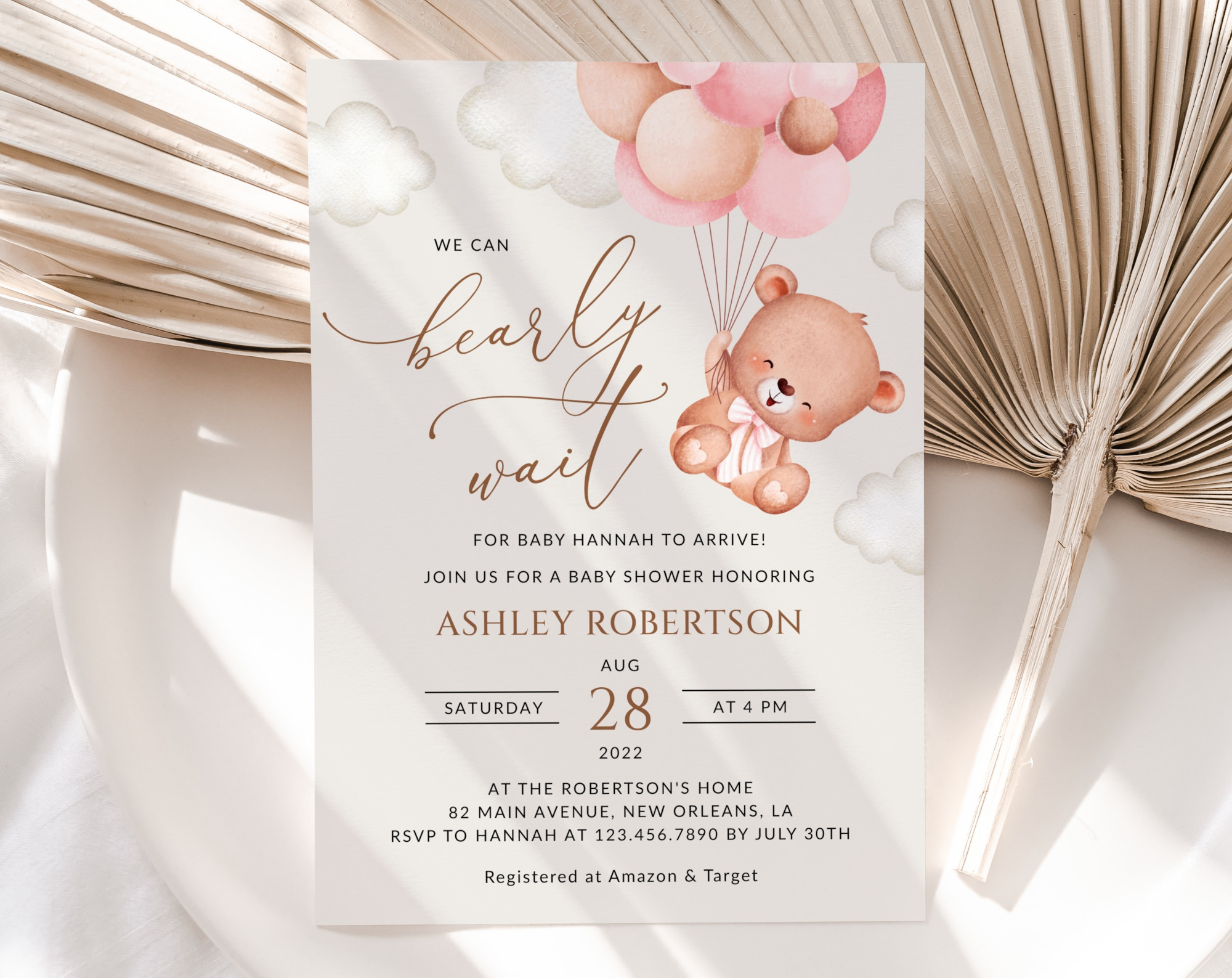 Baby Bear with Pink Balloons Baby Shower Invitation, Girl Baby Shower, Printable File, Edit Yourself, SH58 Baby Bear with Pink Balloons Baby Shower Invitation, Girl Baby Shower, Printable File, Edit Yourself, SH58