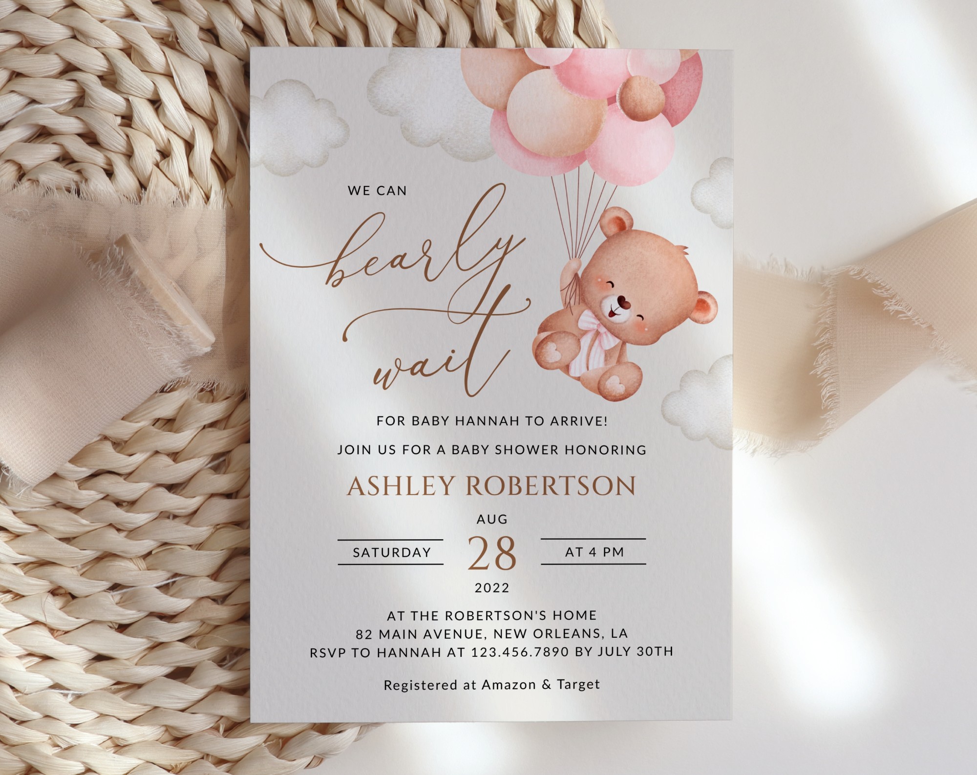 Baby Bear with Pink Balloons Baby Shower Invitation, Girl Baby Shower, Printable File, Edit Yourself, SH58