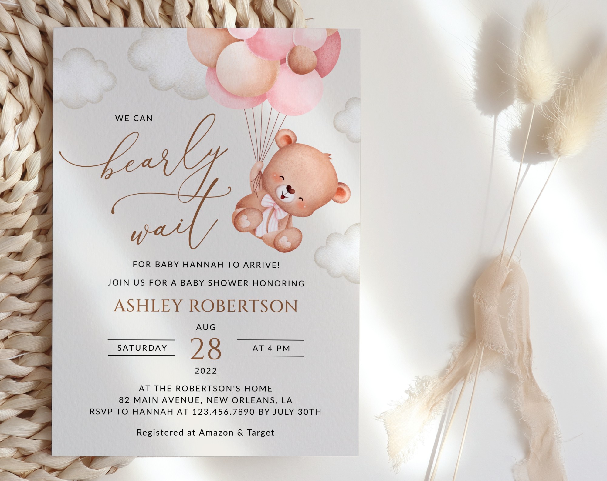 Baby Bear with Pink Balloons Baby Shower Invitation, Girl Baby Shower, Printable File, Edit Yourself, SH58