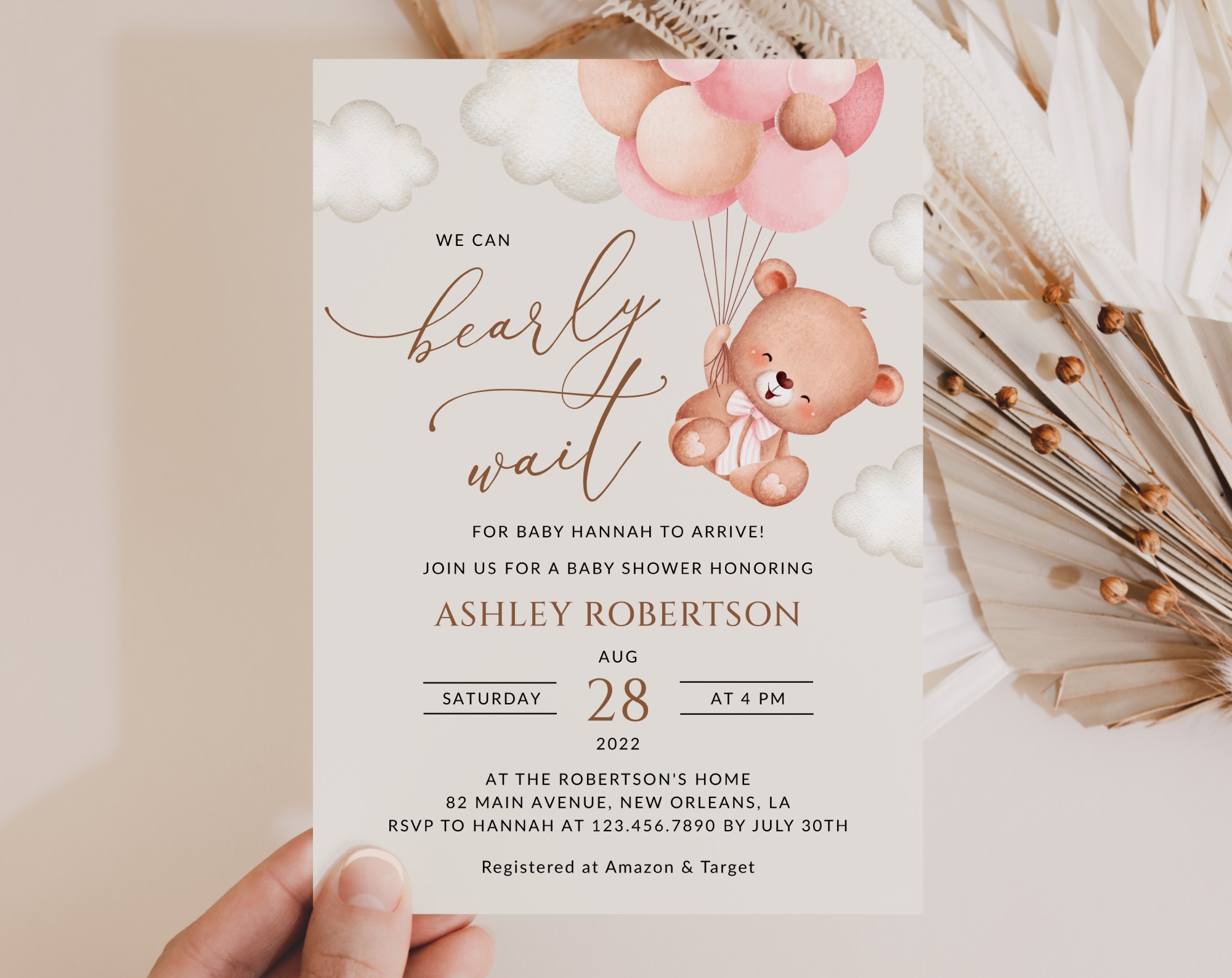 Baby Bear with Pink Balloons Baby Shower Invitation, Girl Baby Shower, Printable File, Edit Yourself, SH58 Baby Bear with Pink Balloons Baby Shower Invitation, Girl Baby Shower, Printable File, Edit Yourself, SH58