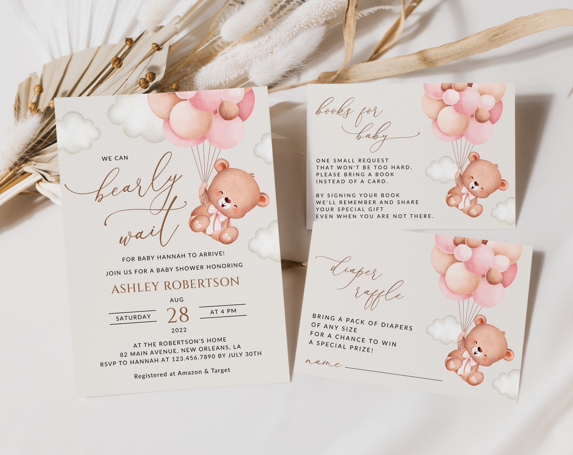 Baby Bear with Pink Balloons Baby Shower Invitation Suite, Girl Baby Shower, Printable File, Edit Yourself, SH58 Baby Bear with Pink Balloons Baby Shower Invitation Suite, Girl Baby Shower, Printable File, Edit Yourself, SH58