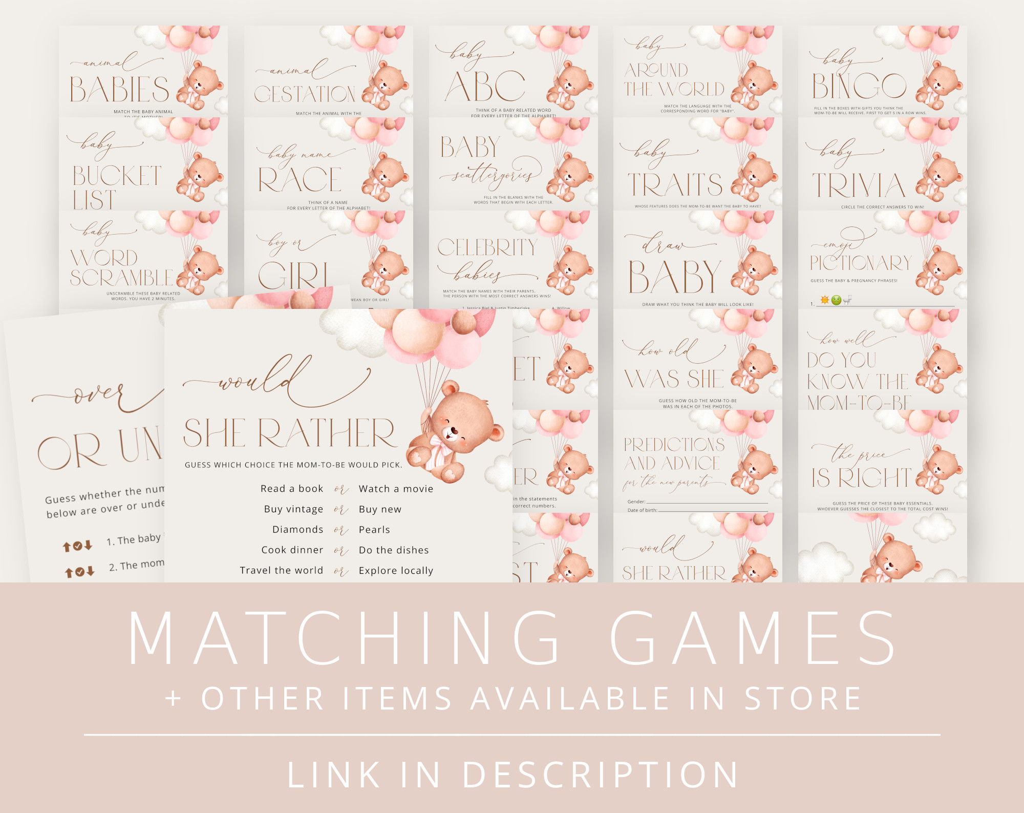Baby Bear with Pink Balloons Baby Shower Games Bundle, Set of 35 Games, Girl Baby Shower, Printable File, Edit Yourself, SH58