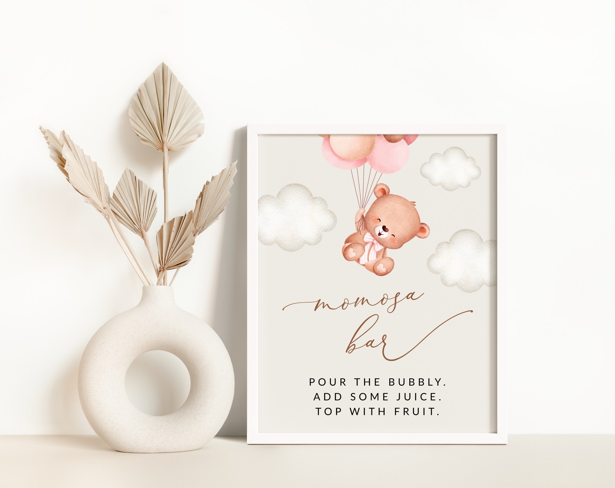 Baby Bear with Pink Balloons Momosa Bar Sign, Baby Shower Sign, Girl Baby Shower, Printable File, Edit Yourself, SH58