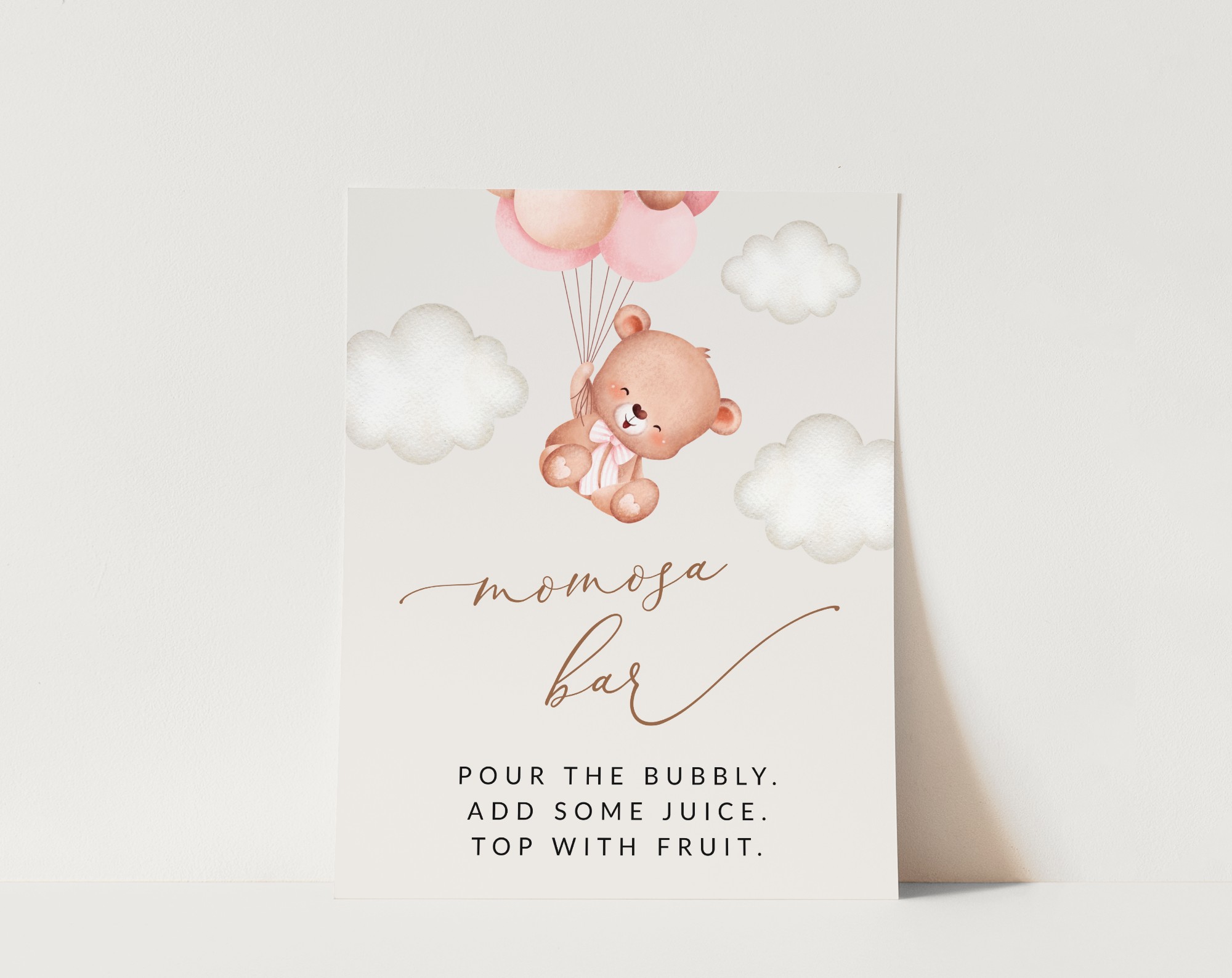 Baby Bear with Pink Balloons Momosa Bar Sign, Baby Shower Sign, Girl Baby Shower, Printable File, Edit Yourself, SH58