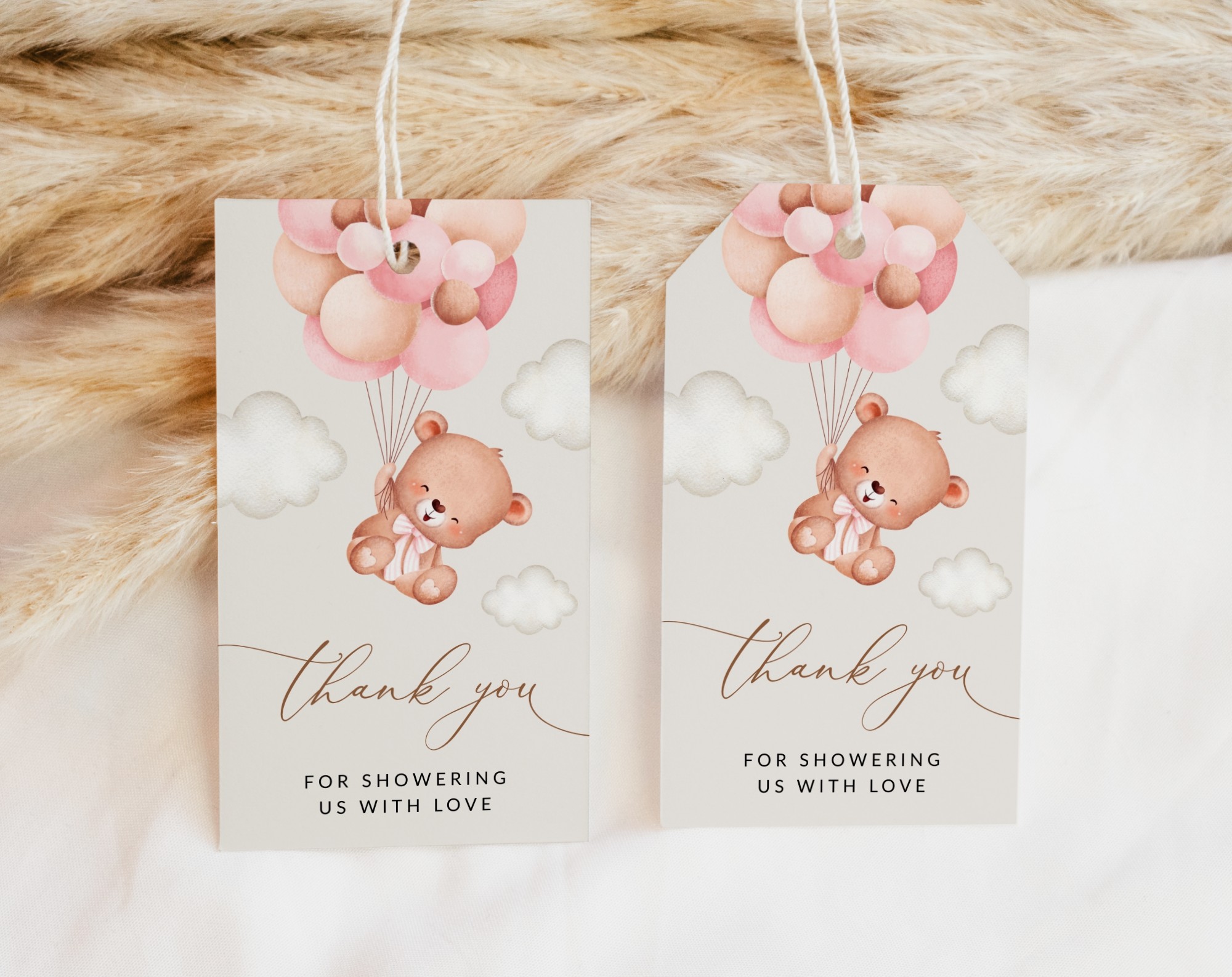 Baby Bear with Pink Balloons Favor Tags, Gift Tags, Party Tags, Girl Baby Shower, Printable File, Edit Yourself, SH58