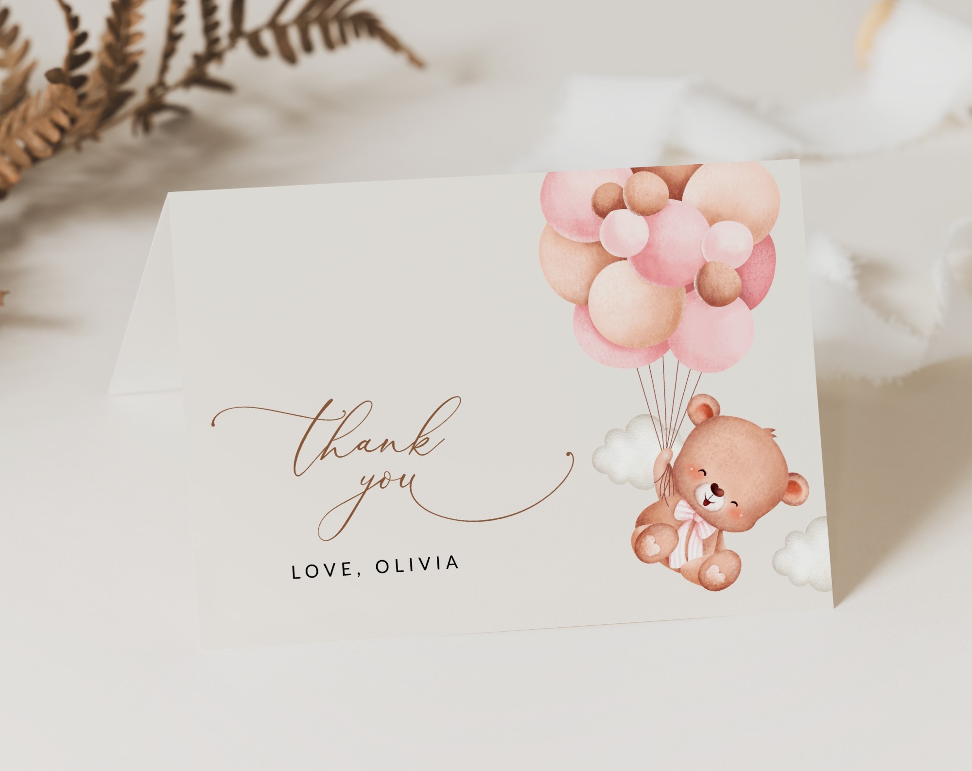 Baby Bear with Pink Balloons Thank You Card, Girl Baby Shower, Printable File, Edit Yourself, SH58