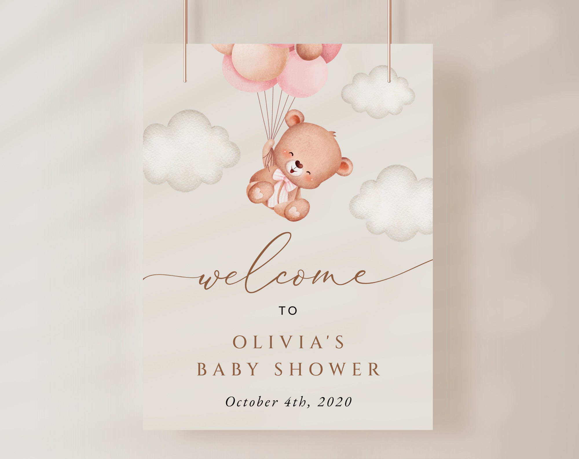 Baby Bear with Pink Balloons Welcome Sign, Baby Shower Sign, Girl Baby Shower, Printable File, Edit Yourself, SH58