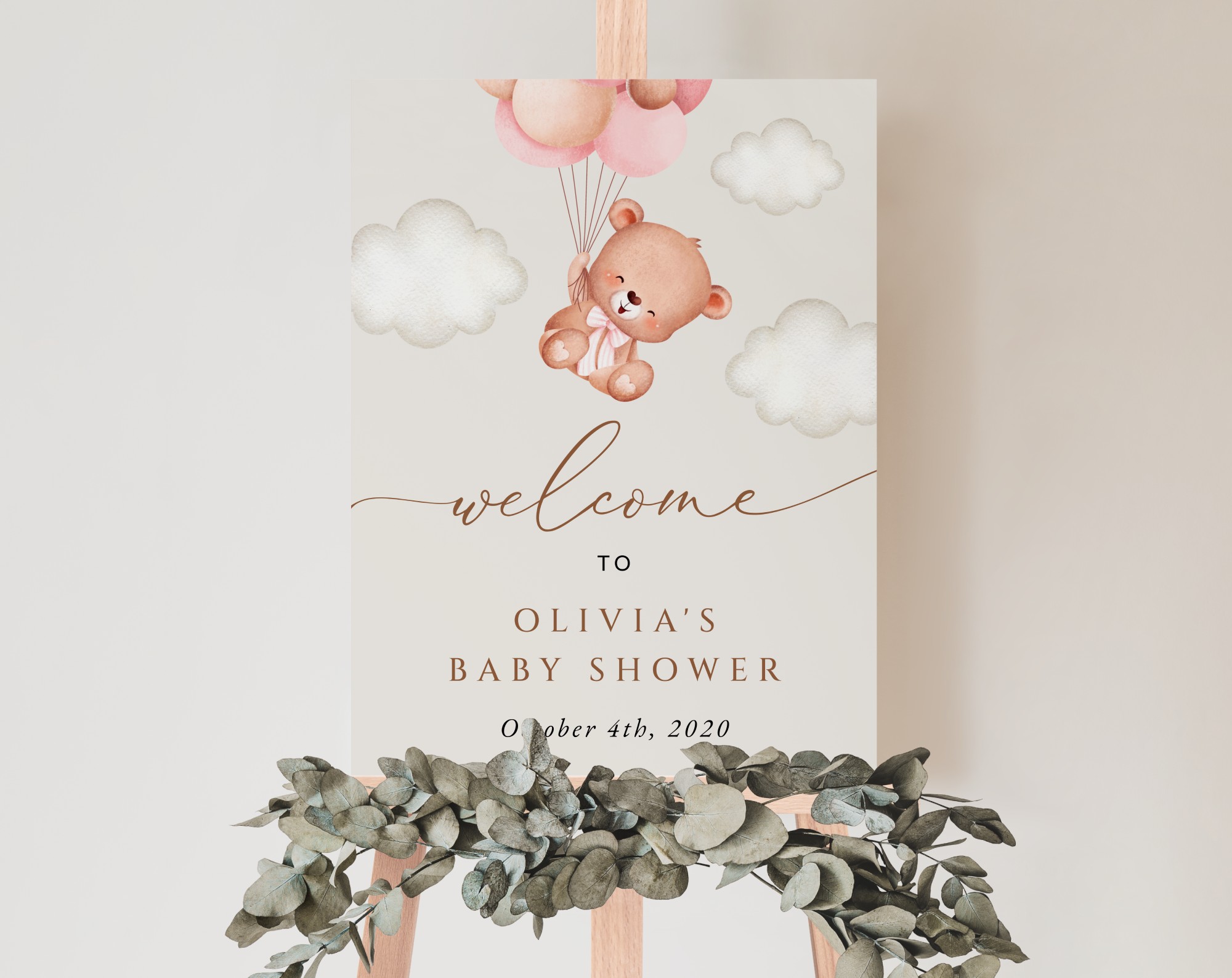 Baby Bear with Pink Balloons Welcome Sign, Baby Shower Sign, Girl Baby Shower, Printable File, Edit Yourself, SH58