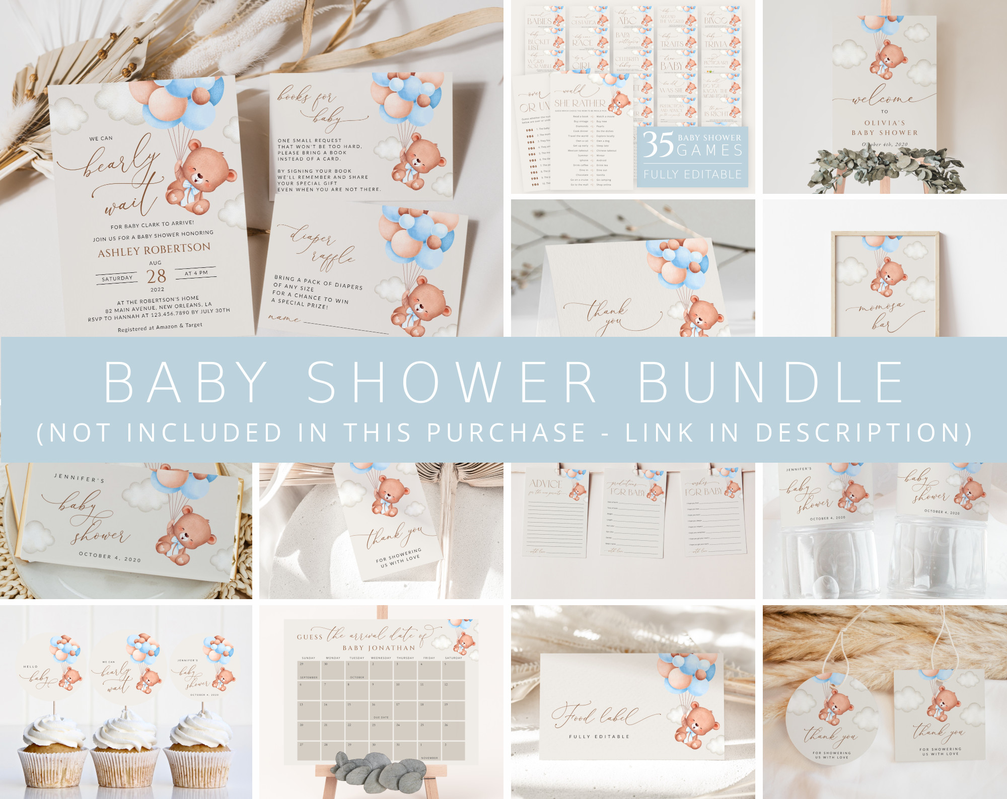 Baby Bear with Blue Balloons Baby Shower Bundle, Boy Baby Shower, Printable File, Edit Yourself, SH59 Baby Bear with Blue Balloons Baby Shower Bundle, Boy Baby Shower, Printable File, Edit Yourself, SH59