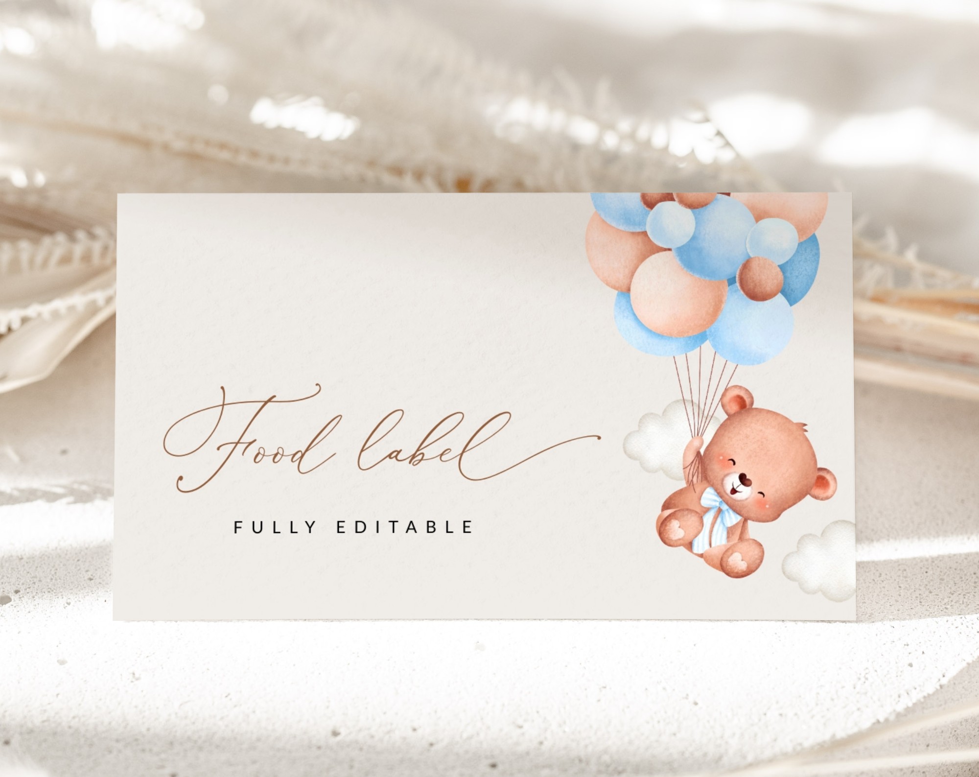 Baby Bear with Blue Balloons Food Label, Baby Shower Decoration, Boy Baby Shower, Printable File, Edit Yourself, SH59