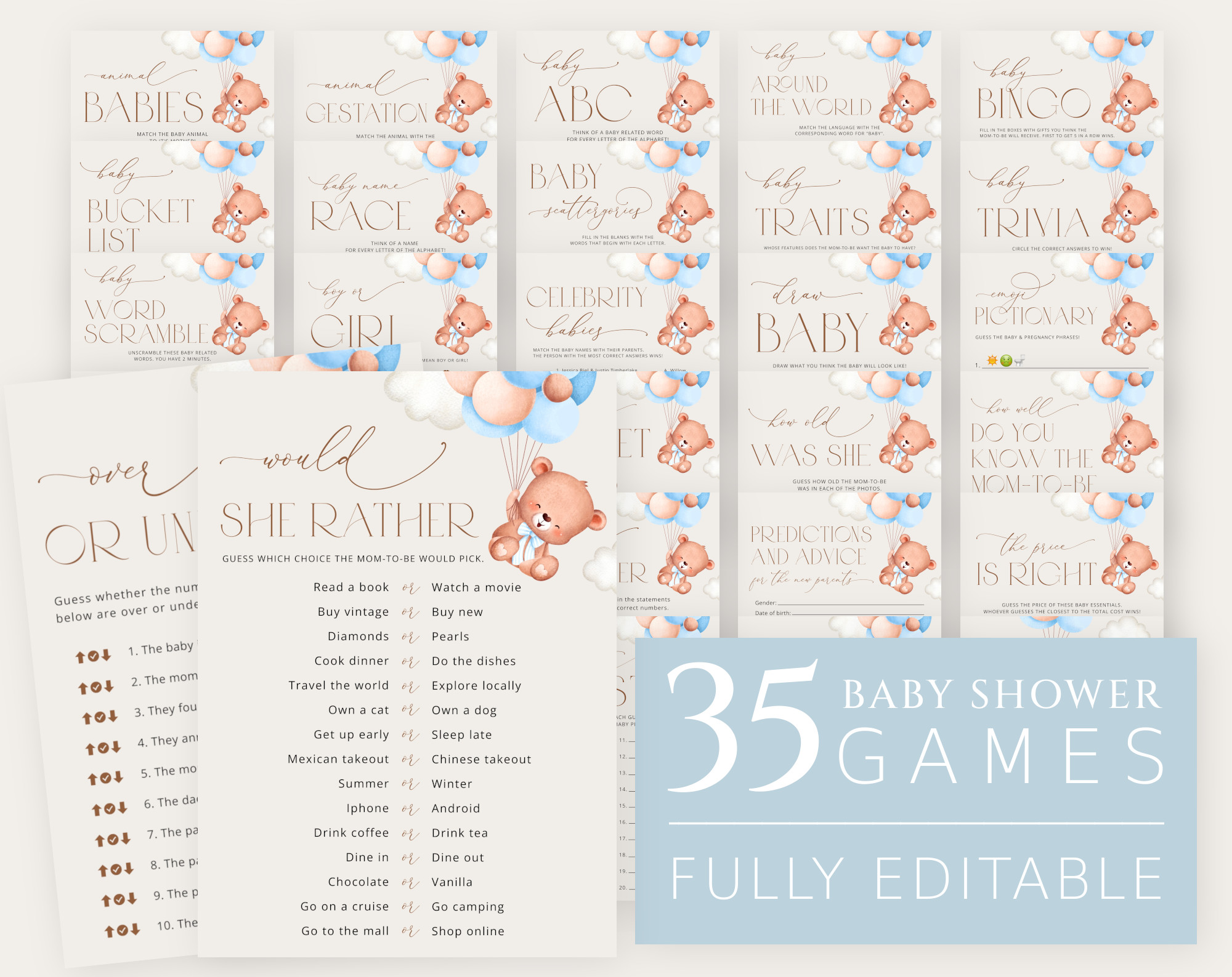 Baby Bear with Blue Balloons Baby Shower Games Bundle, Set of 35 Games, Boy Baby Shower, Printable File, Edit Yourself, SH59 Baby Bear with Blue Balloons Baby Shower Games Bundle, Set of 35 Games, Boy Baby Shower, Printable File, Edit Yourself, SH59