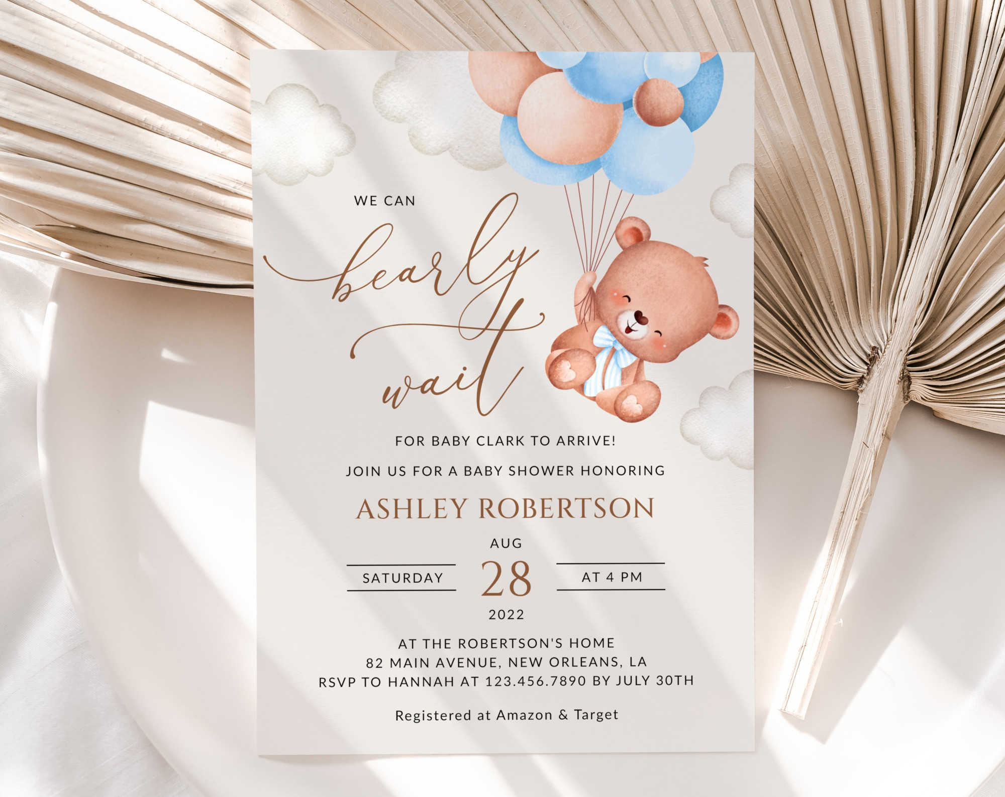 Baby Bear with Blue Balloons Baby Shower Invitation, Boy Baby Shower, Printable File, Edit Yourself, SH59