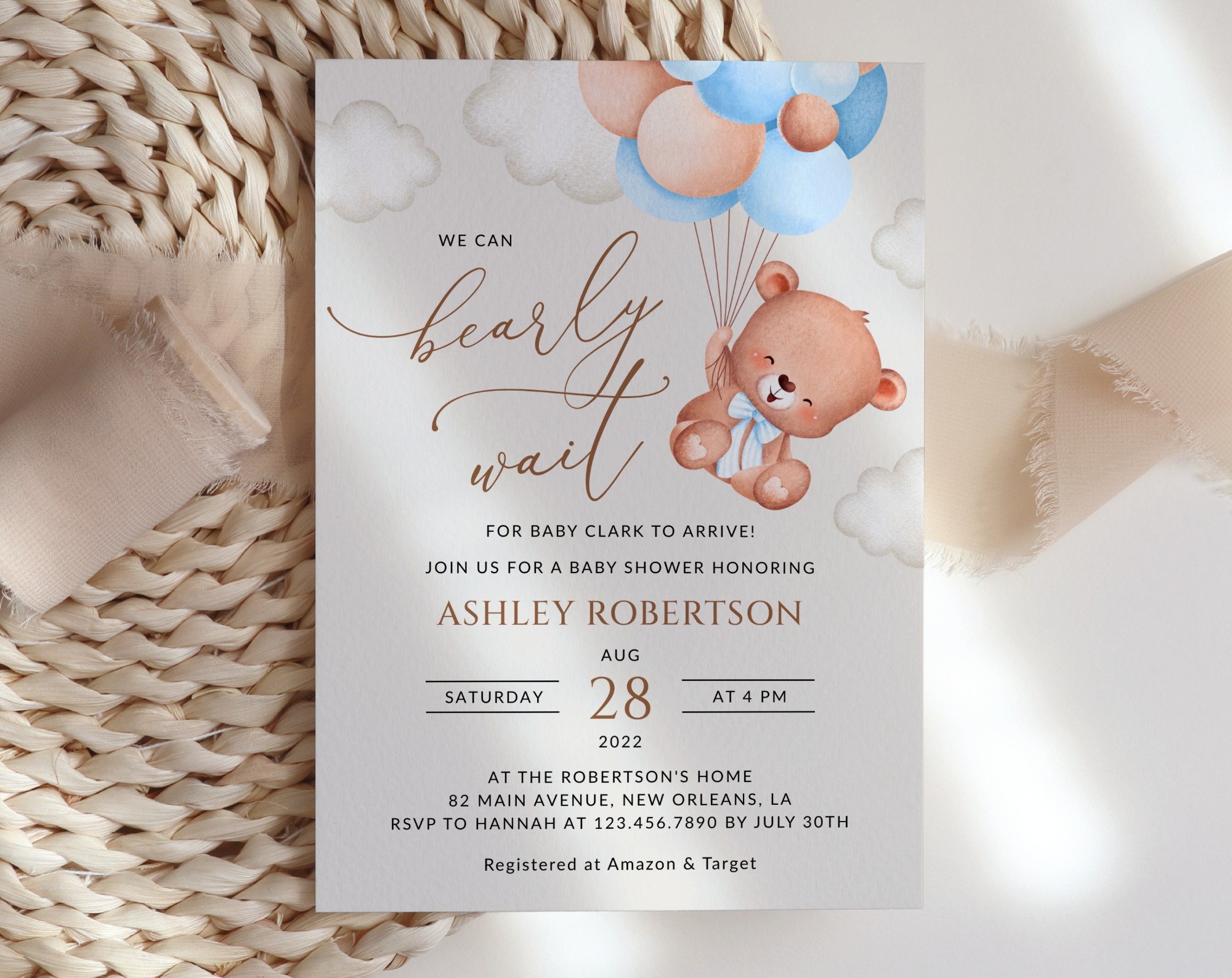 Baby Bear with Blue Balloons Baby Shower Invitation, Boy Baby Shower, Printable File, Edit Yourself, SH59