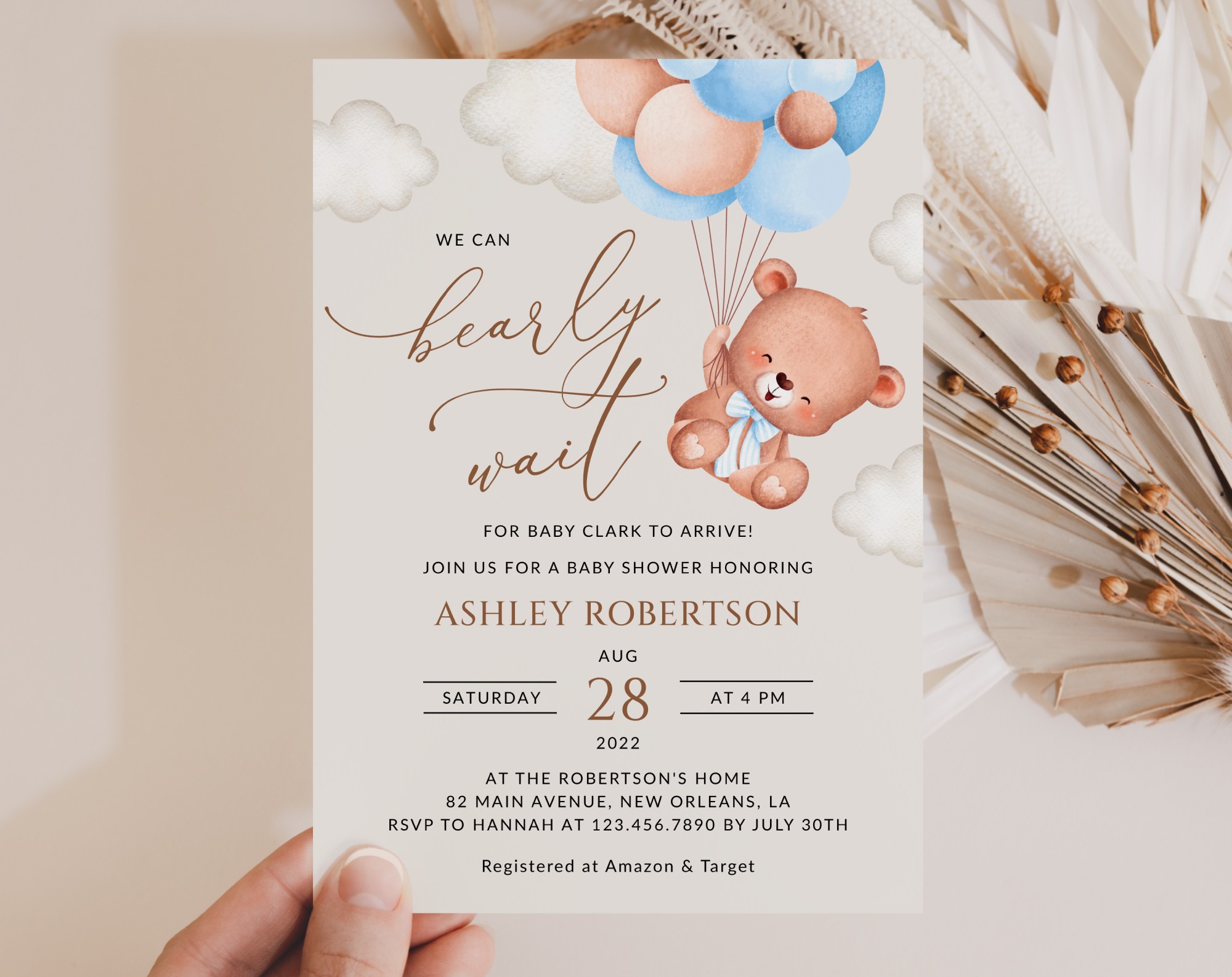 Baby Bear with Blue Balloons Baby Shower Invitation, Boy Baby Shower, Printable File, Edit Yourself, SH59