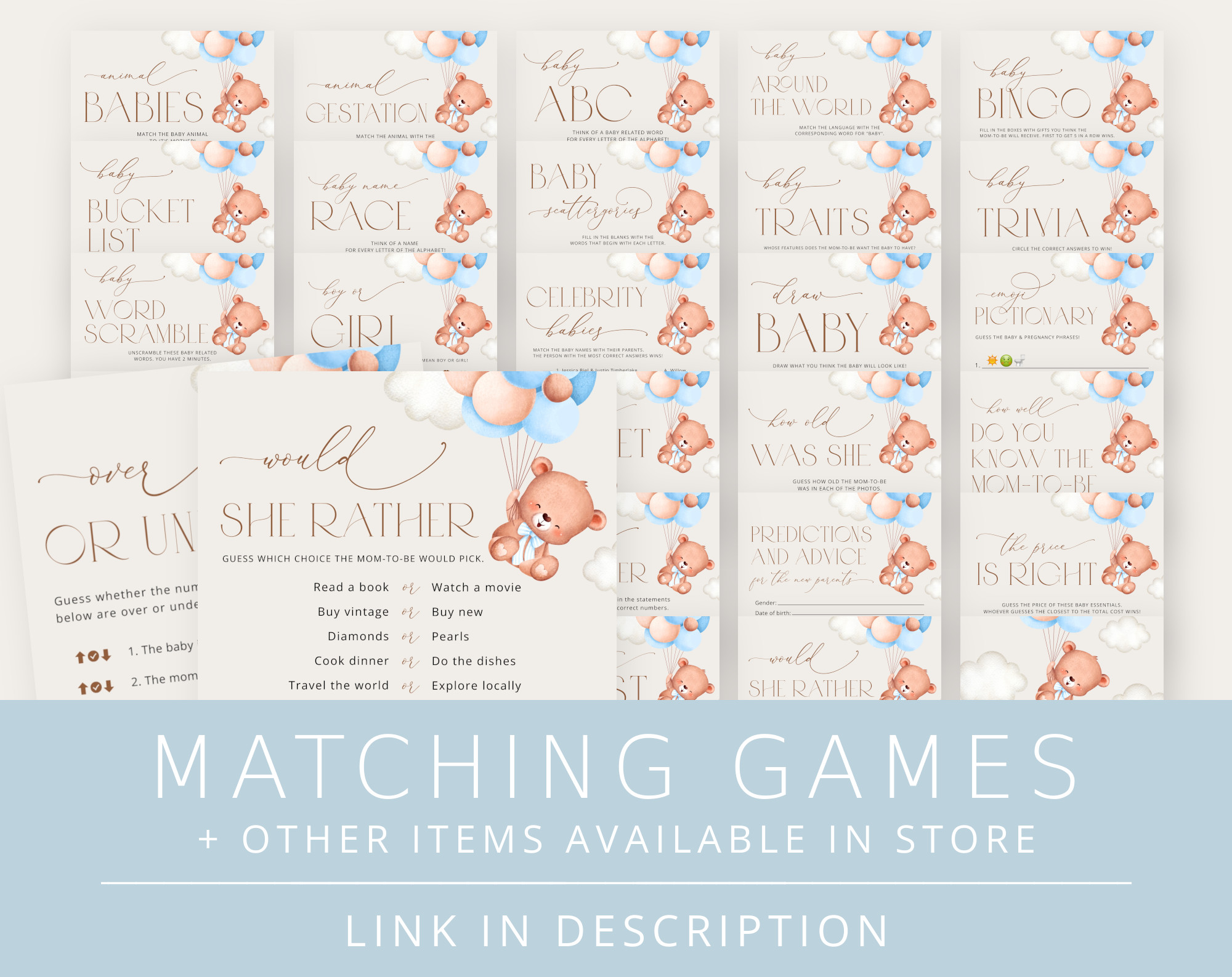 Baby Bear with Blue Balloons Baby Shower Games Bundle, Set of 35 Games, Boy Baby Shower, Printable File, Edit Yourself, SH59 Baby Bear with Blue Balloons Baby Shower Games Bundle, Set of 35 Games, Boy Baby Shower, Printable File, Edit Yourself, SH59