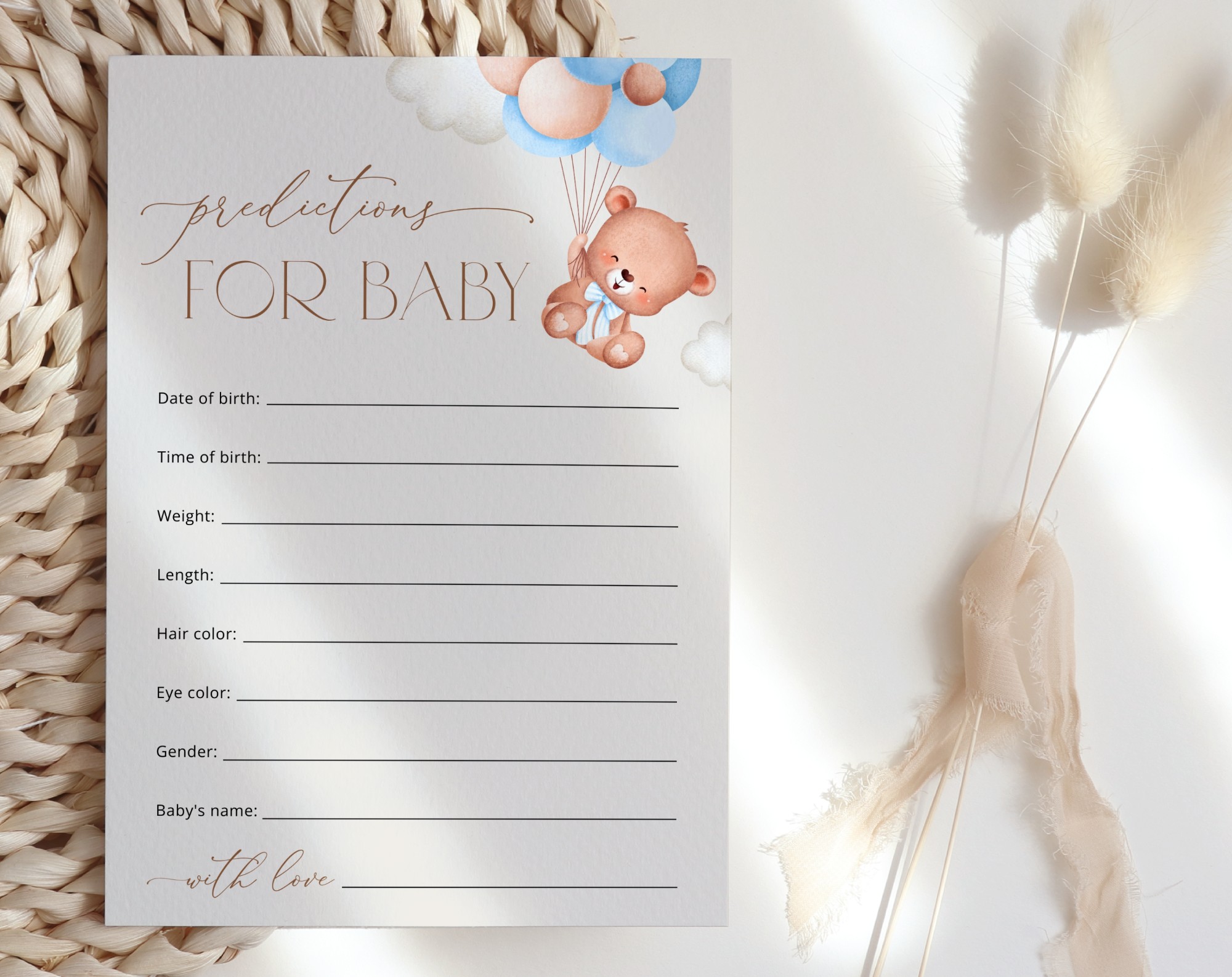 Baby Bear with Blue Balloons Baby Shower Games, Set of 3 Games, Advice Predictions Wishes, Boy Baby Shower, Printable File, Edit Yourself, SH59