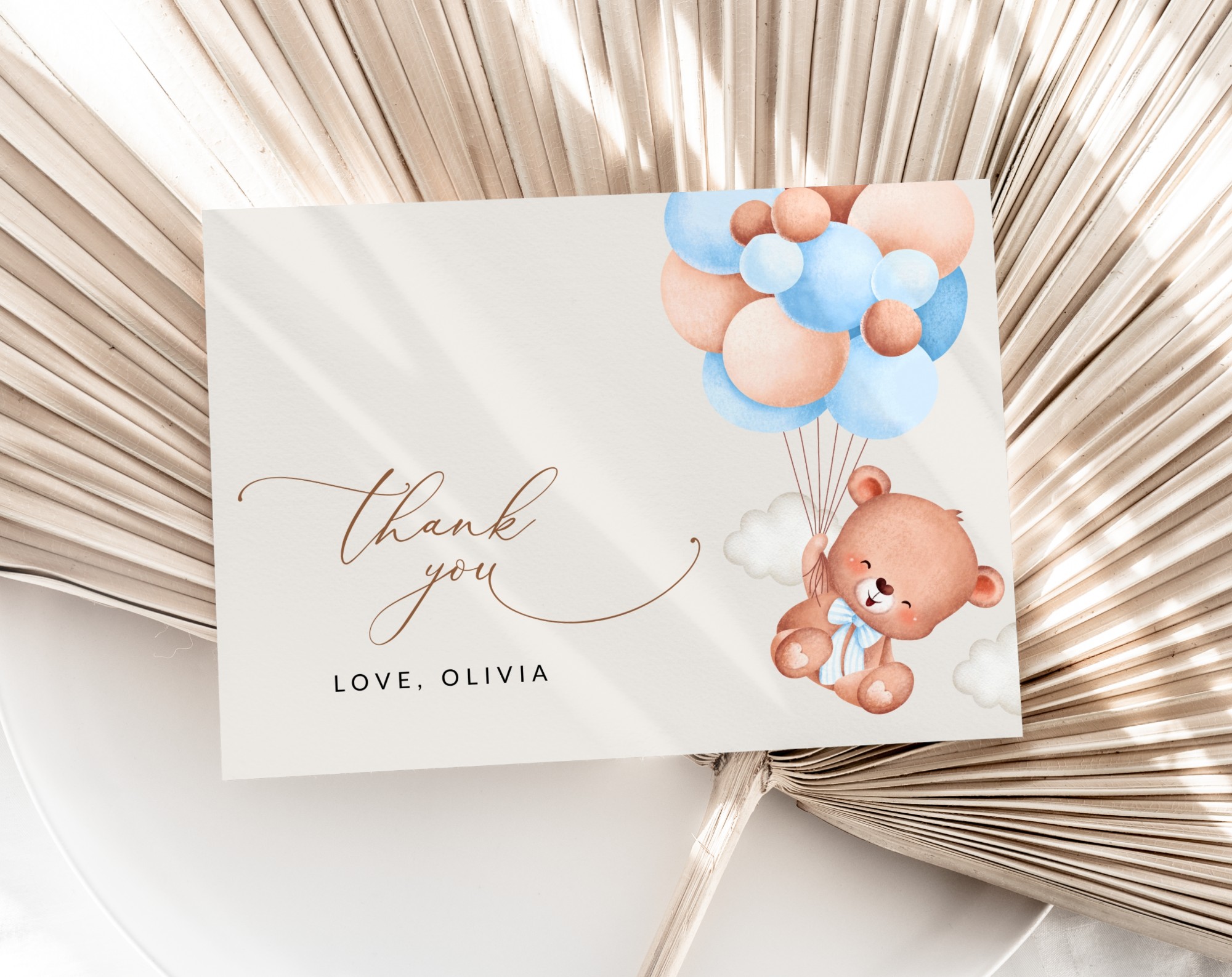 Baby Bear with Blue Balloons Thank You Card, Boy Baby Shower, Printable File, Edit Yourself, SH59