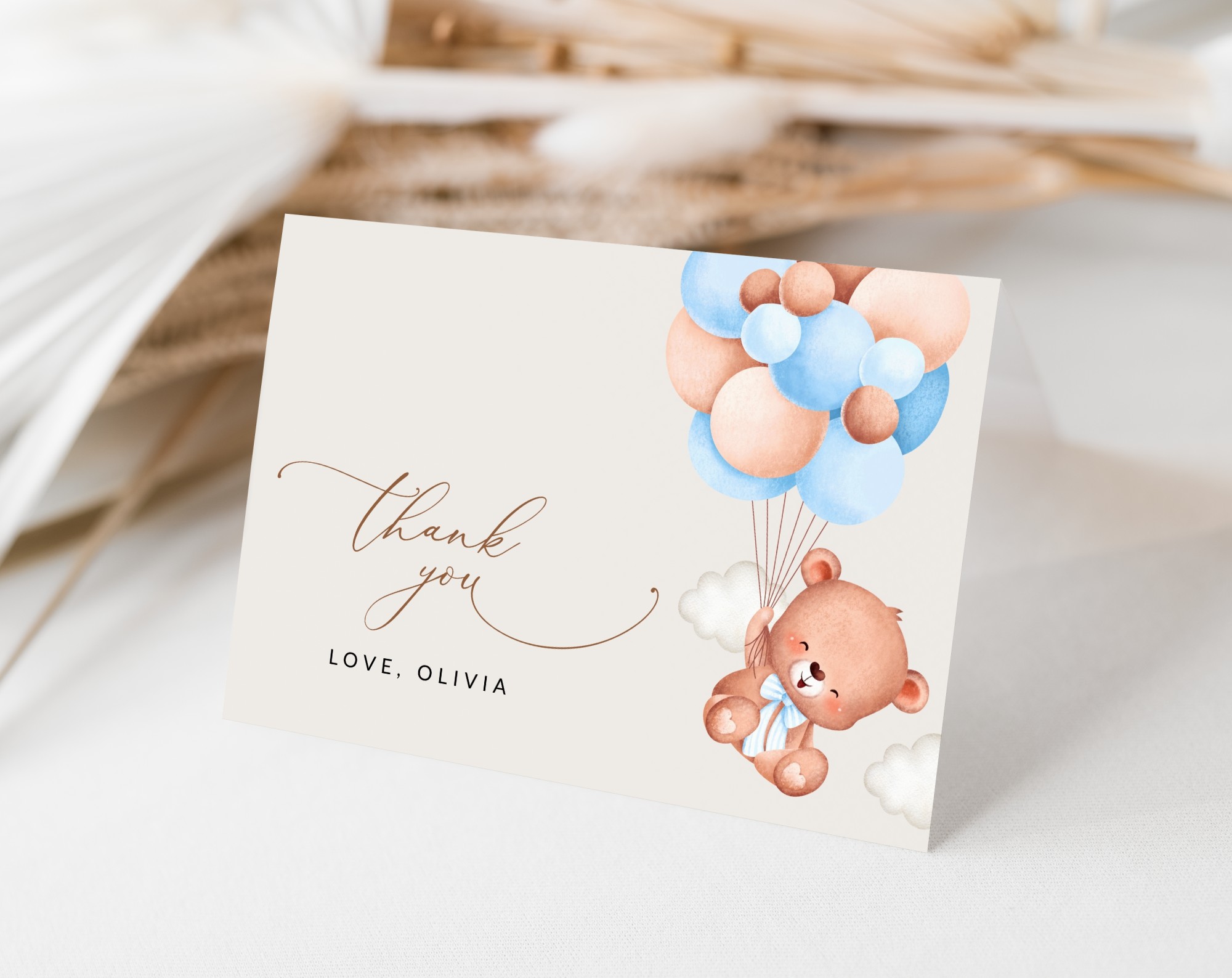 Baby Bear with Blue Balloons Thank You Card, Boy Baby Shower, Printable File, Edit Yourself, SH59