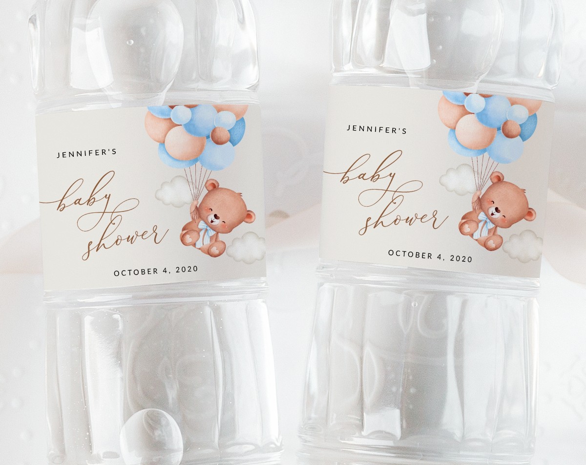 Baby Bear with Blue Balloons Water Bottle Labels, Baby Shower Decoration, Boy Baby Shower, Printable File, Edit Yourself, SH59