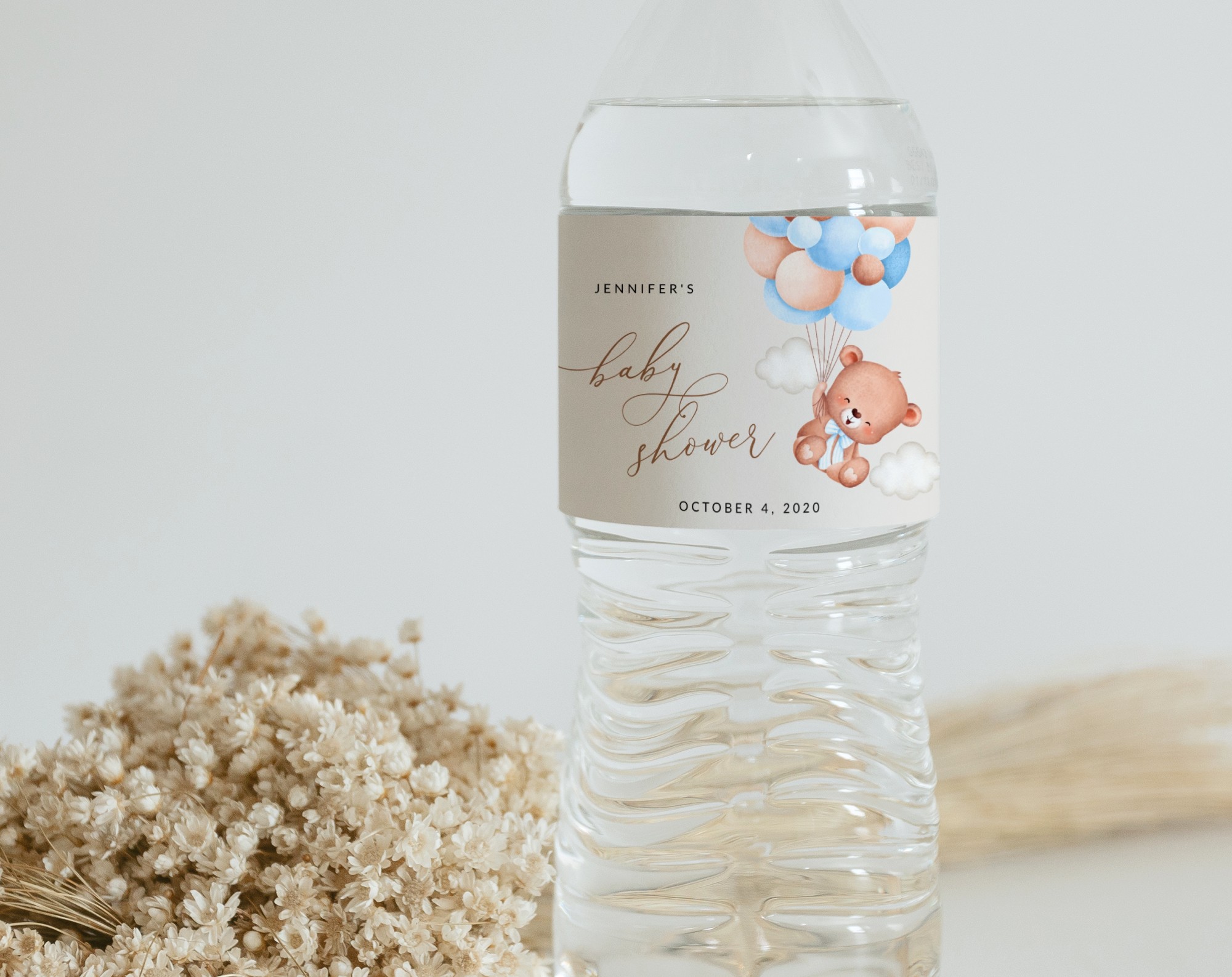 Baby Bear with Blue Balloons Water Bottle Labels, Baby Shower Decoration, Boy Baby Shower, Printable File, Edit Yourself, SH59