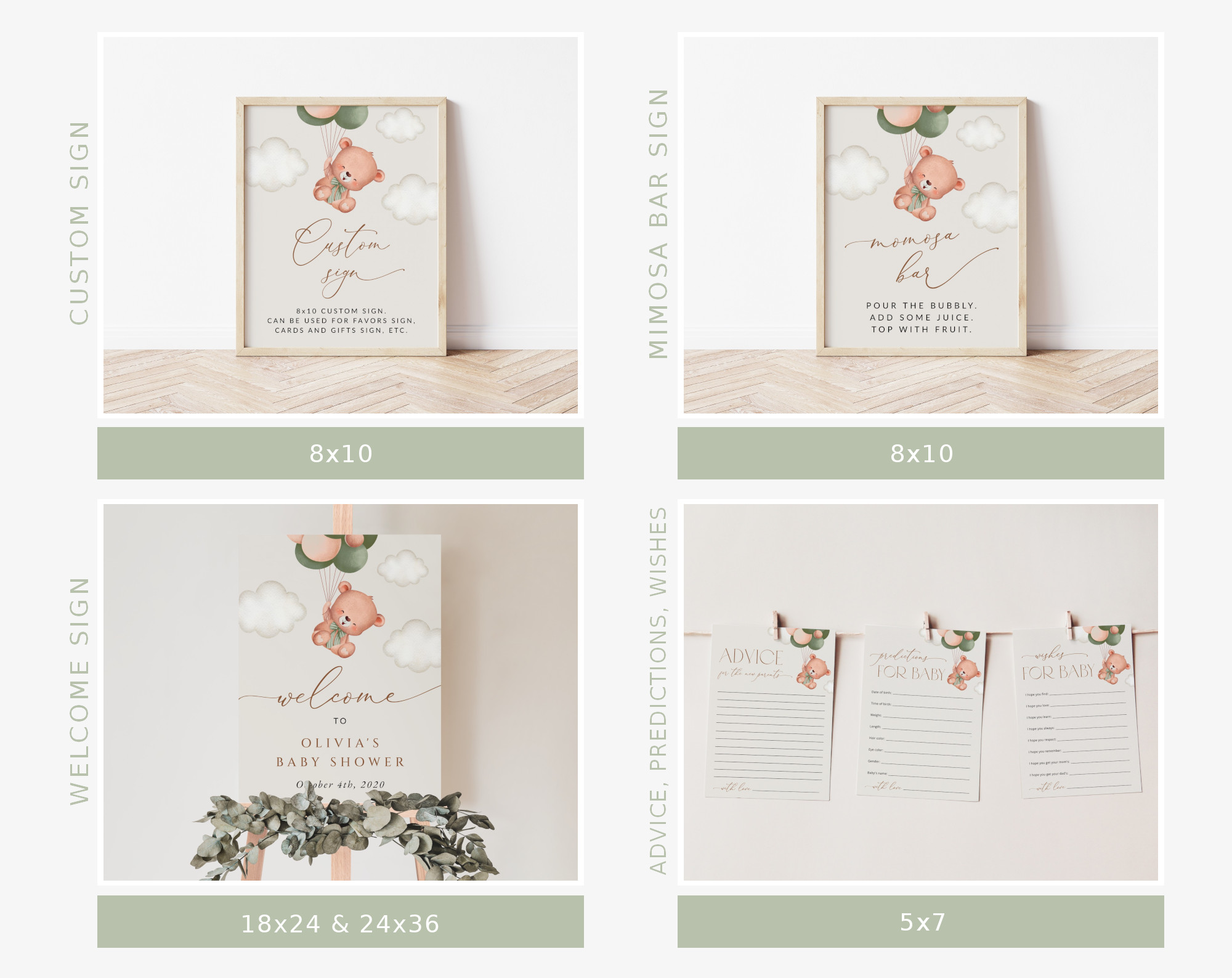 Baby Bear with Green Balloons Baby Shower Bundle, Gender Neutral Baby Shower, Printable File, Edit Yourself, SH60 Baby Bear with Green Balloons Baby Shower Bundle, Gender Neutral Baby Shower, Printable File, Edit Yourself, SH60