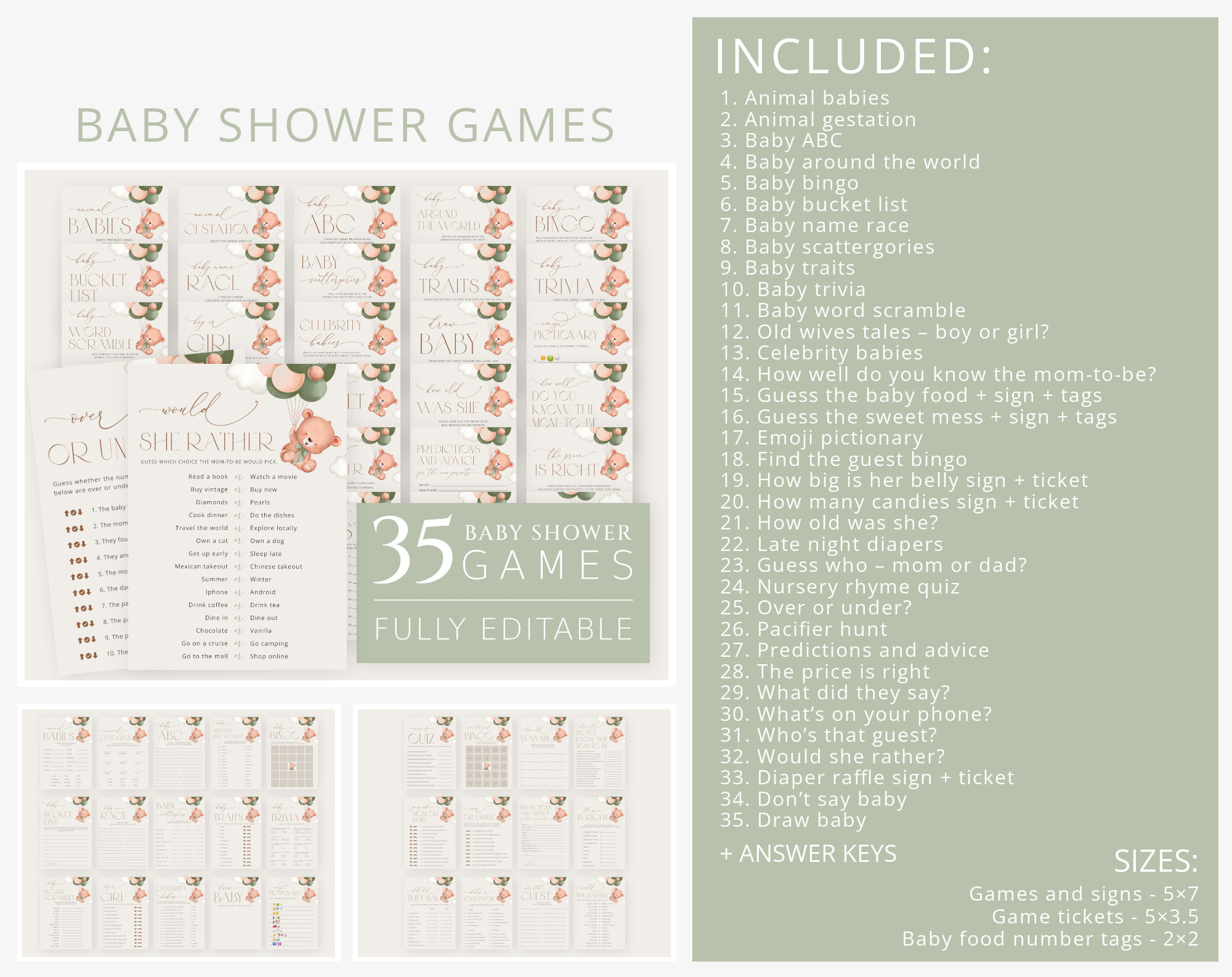 Baby Bear with Green Balloons Baby Shower Bundle, Gender Neutral Baby Shower, Printable File, Edit Yourself, SH60 Baby Bear with Green Balloons Baby Shower Bundle, Gender Neutral Baby Shower, Printable File, Edit Yourself, SH60